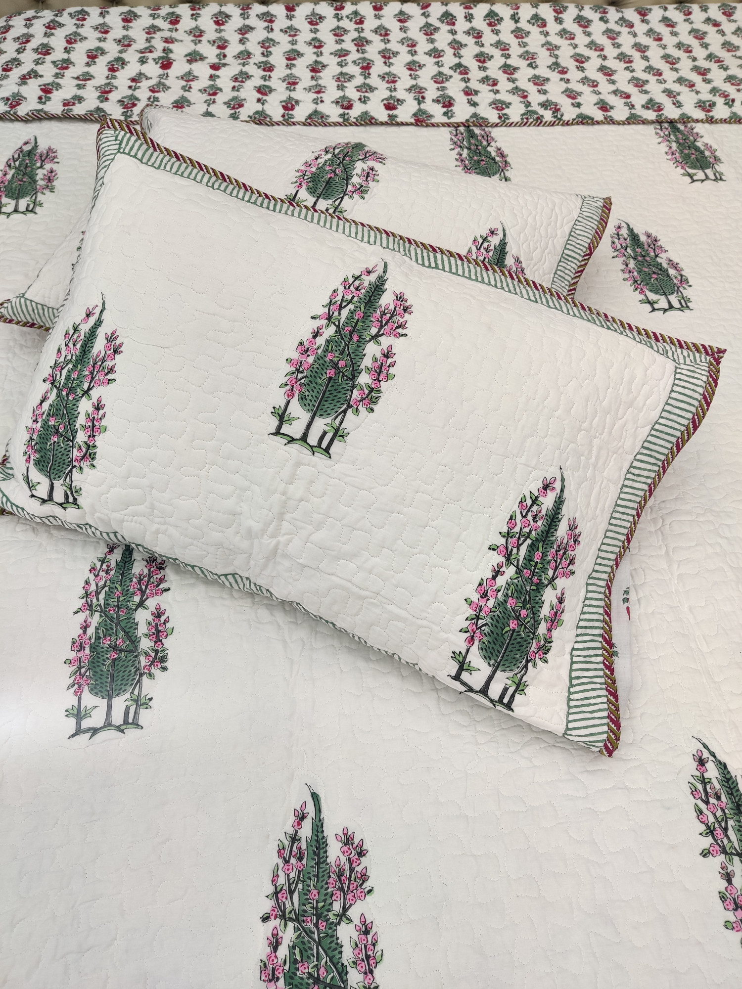 Block Print Bedcover - Fern Fringed Hand Block Print Premium Cotton Double