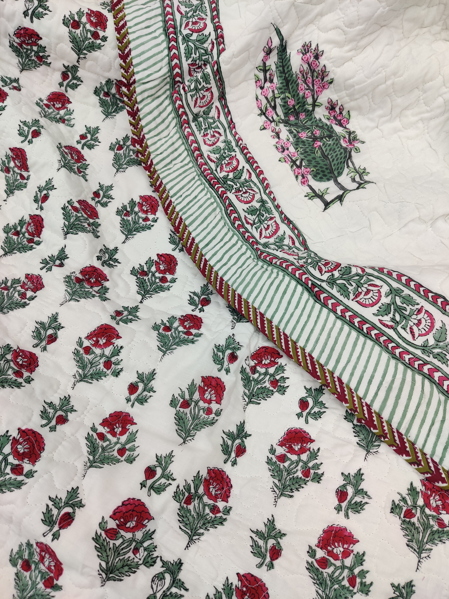 Block Print Bedcover - Fern Fringed Hand Block Print Premium Cotton Double