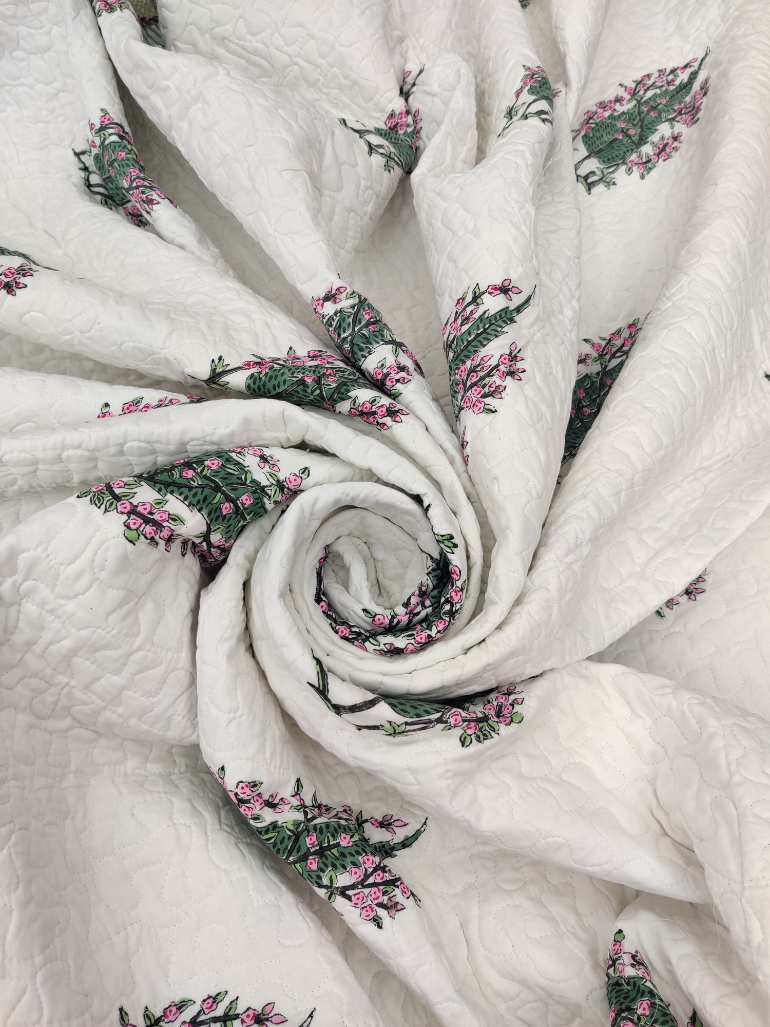 Block Print Bedcover - Fern Fringed Hand Block Print Premium Cotton Double