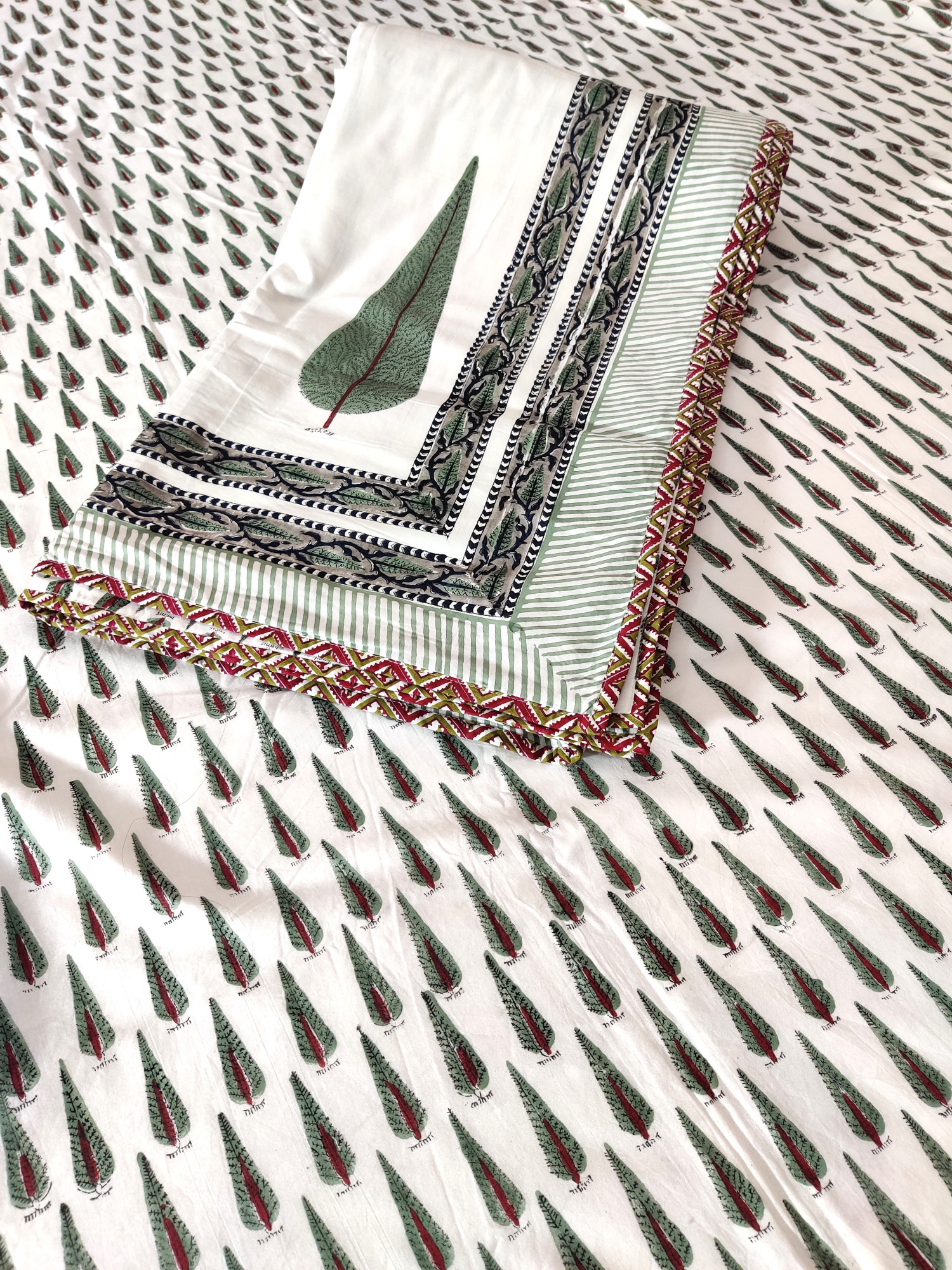Block Print Dohar - Tropical Fern Hand Block Print Mulmul Jaipuri