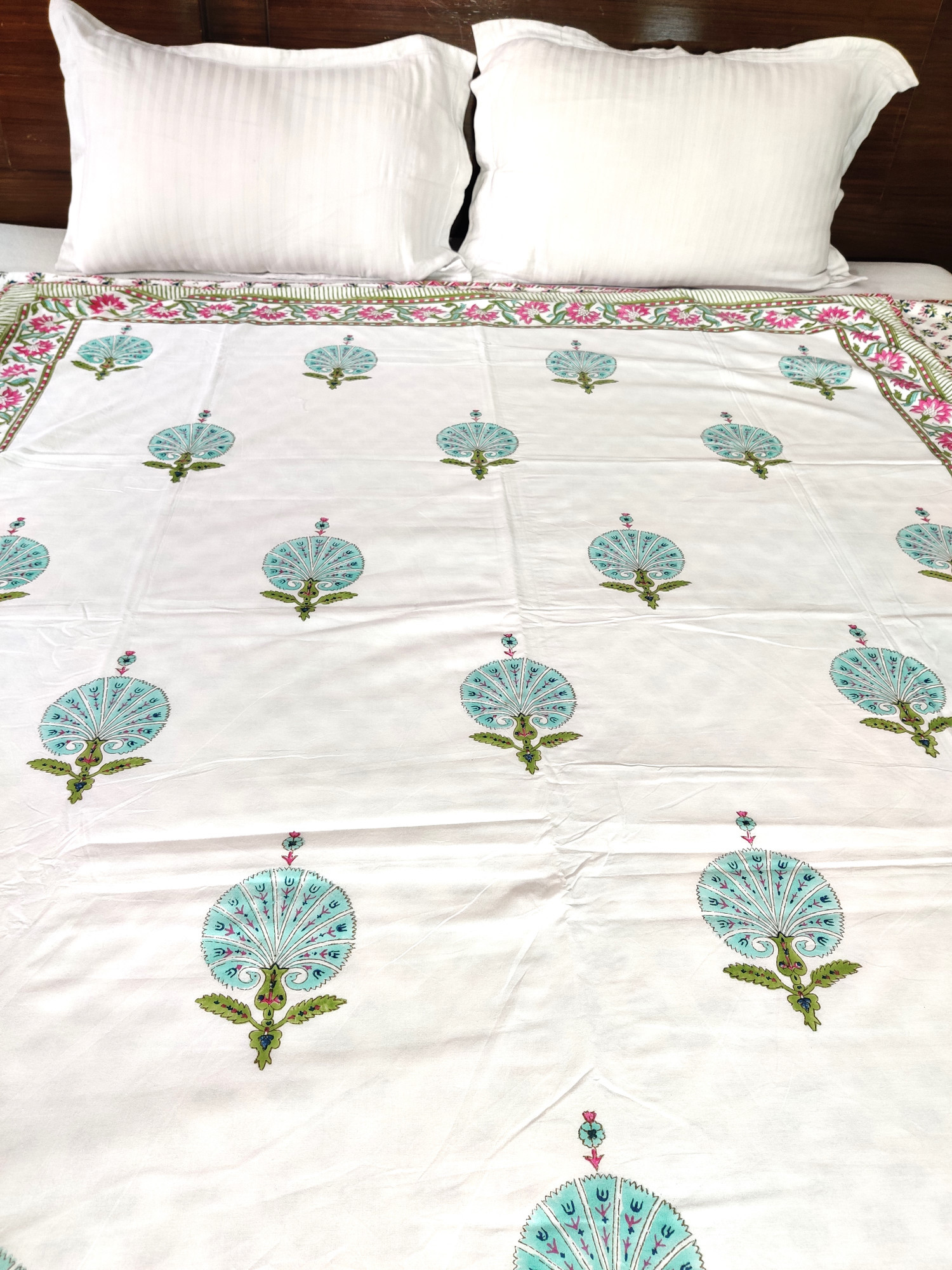 Block Print Dohar - Blue Feather Hand Block Print Mulmul Jaipuri