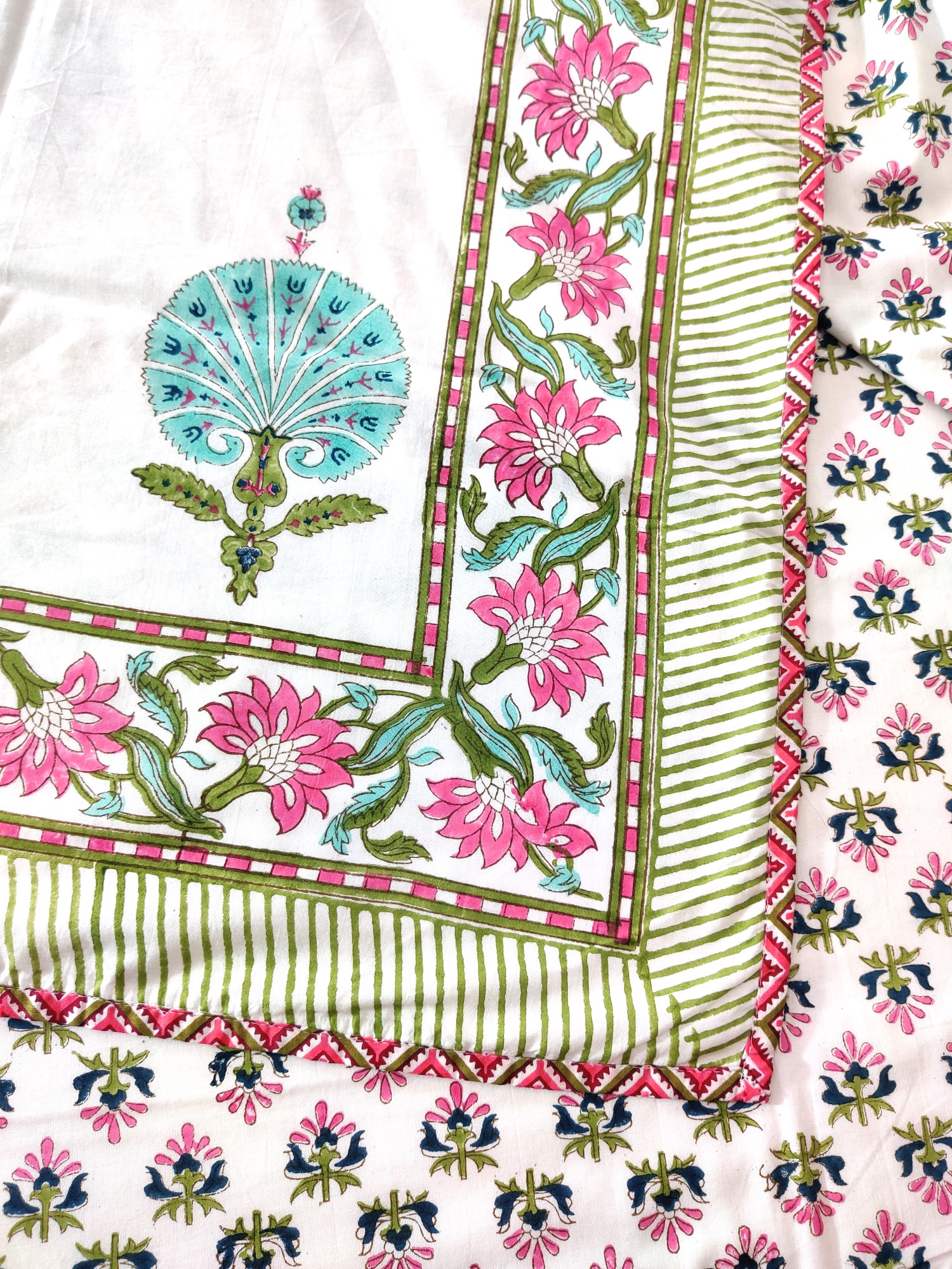 Block Print Dohar - Blue Feather Hand Block Print Mulmul Jaipuri