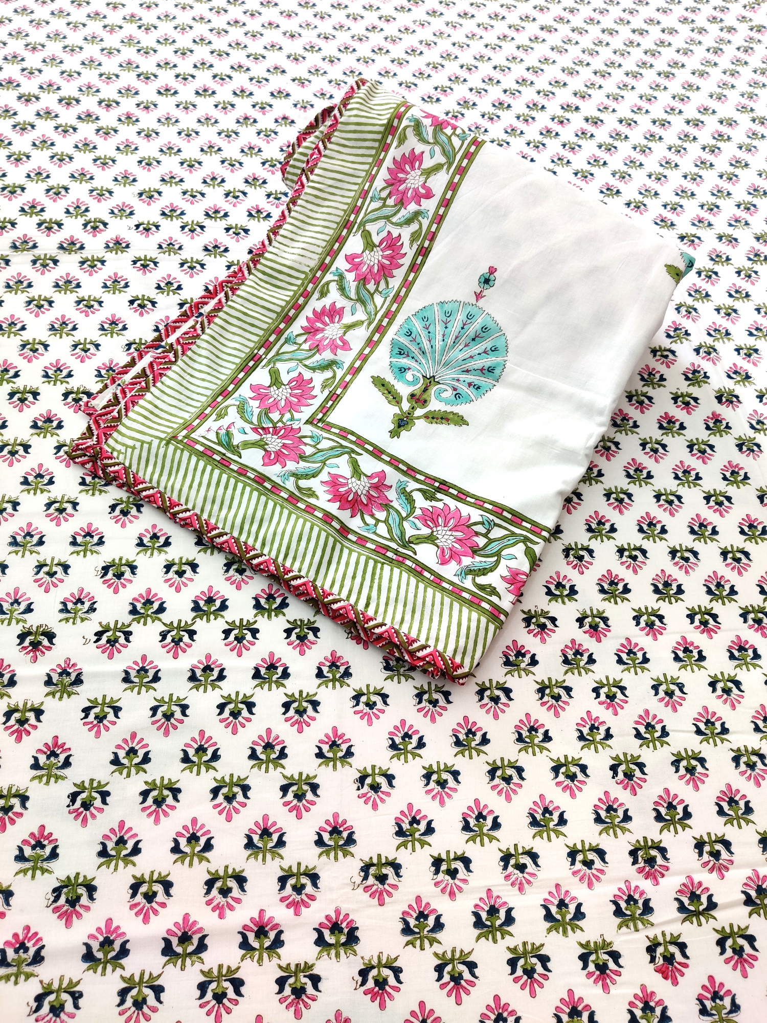 Block Print Dohar - Blue Feather Hand Block Print Mulmul Jaipuri