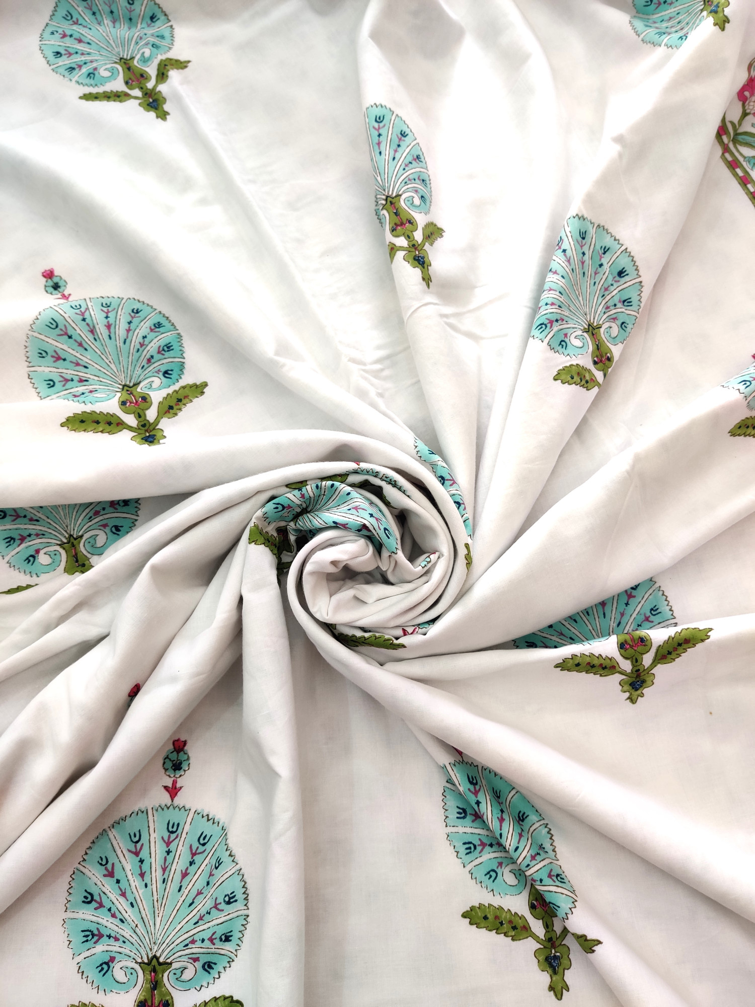 Block Print Dohar - Blue Feather Hand Block Print Mulmul Jaipuri
