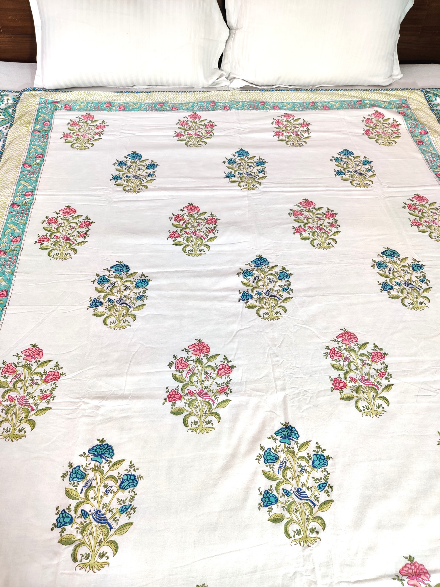 Block Print Dohar - Dual Floral Hand Block Print Mulmul Jaipuri