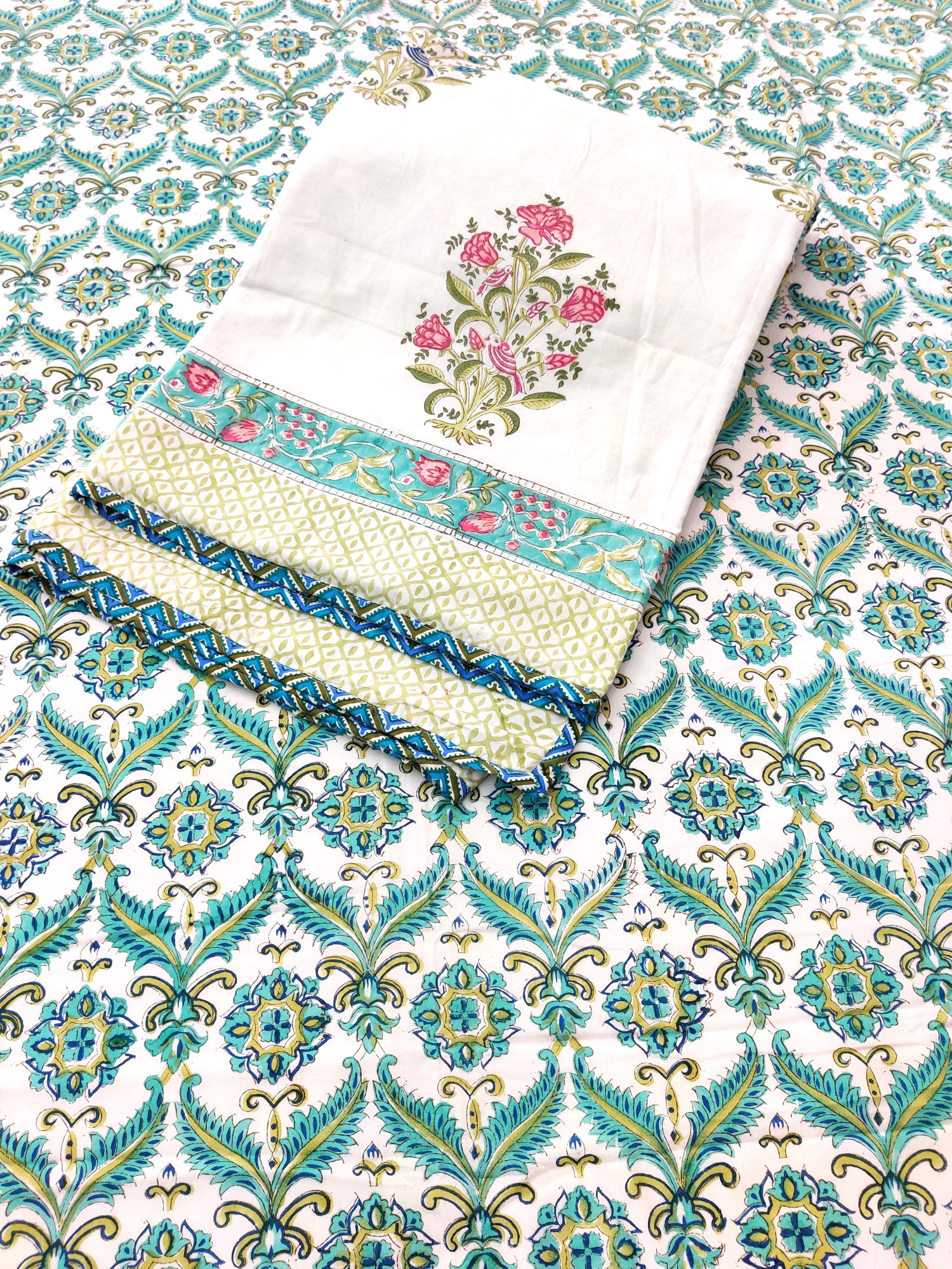 Block Print Dohar - Dual Floral Hand Block Print Mulmul Jaipuri