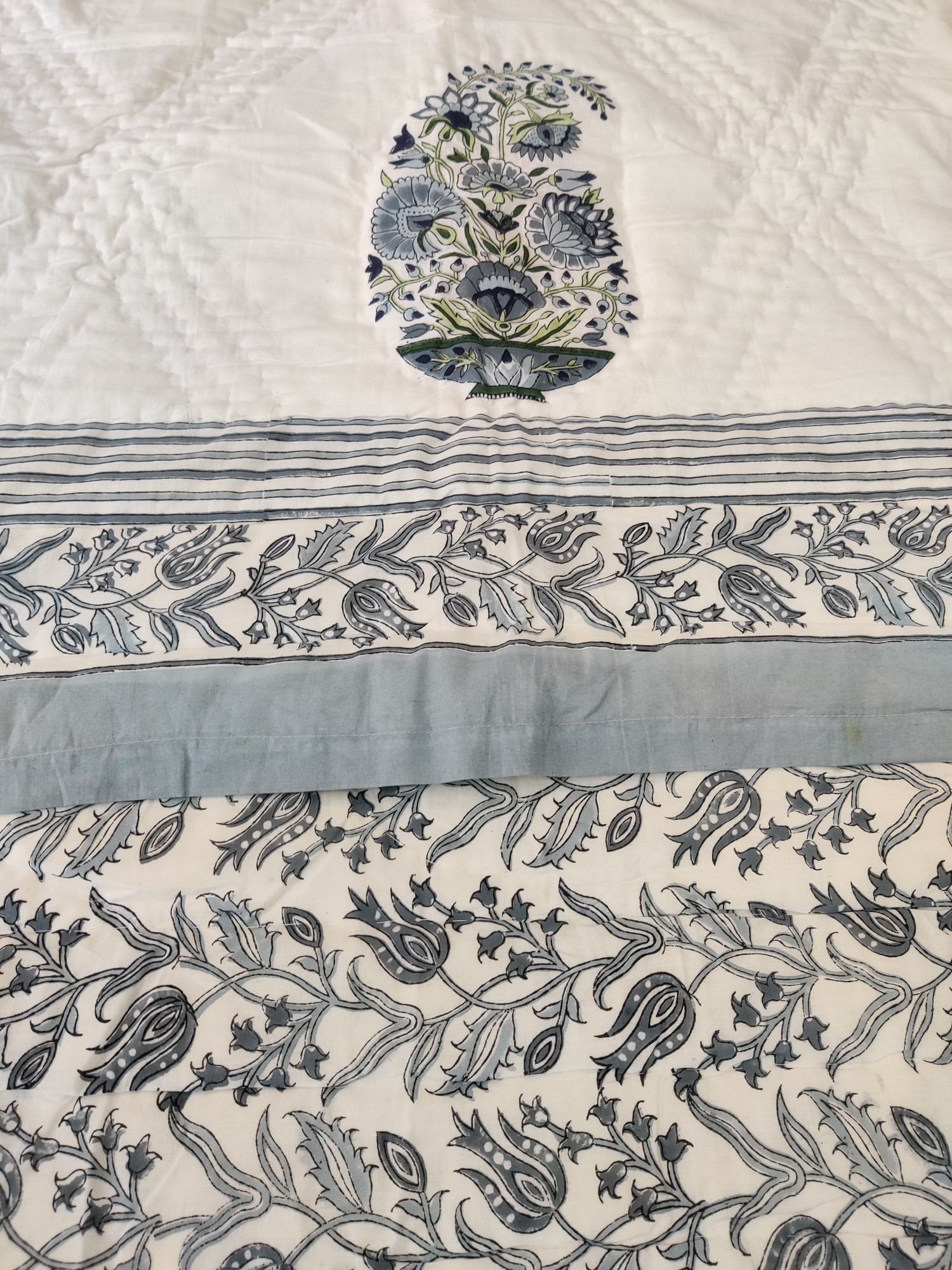 Hand Block Print Mulmul Quilt - Grey Boota Soft Jaipuri Razai Double