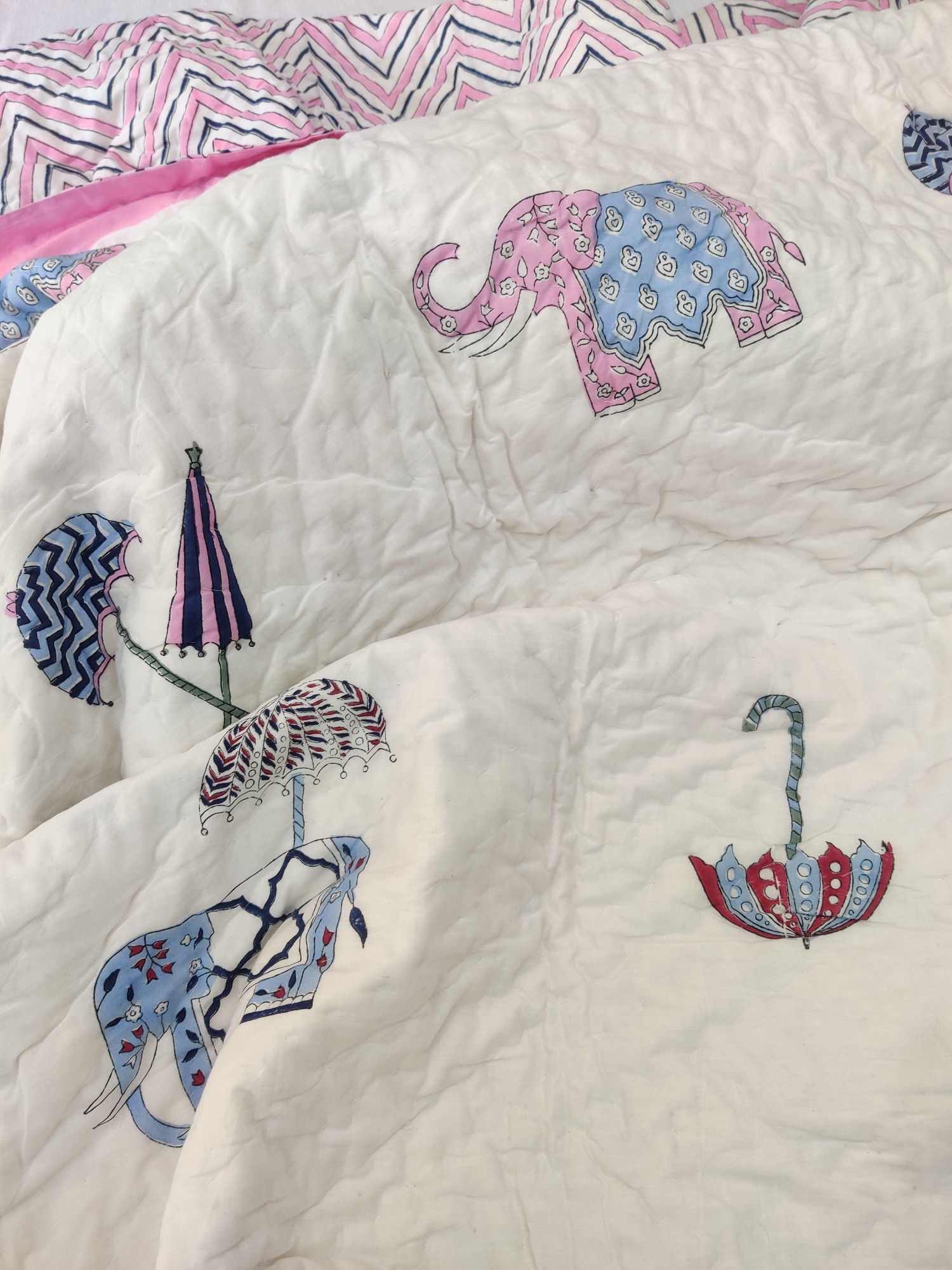 Hand Block Print Mulmul Quilt - Chatri Haathi Soft Jaipuri Razai Double