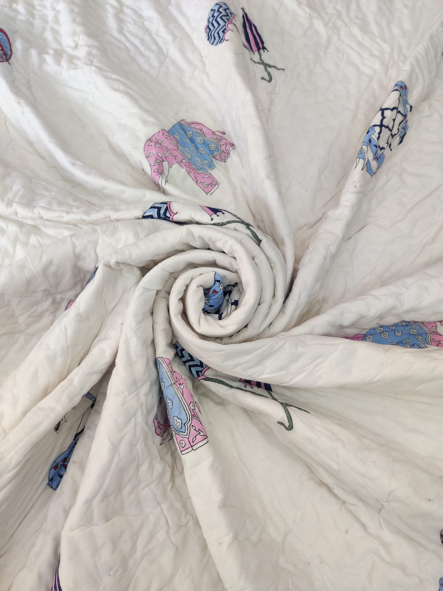 Hand Block Print Mulmul Quilt - Chatri Haathi Soft Jaipuri Razai Double
