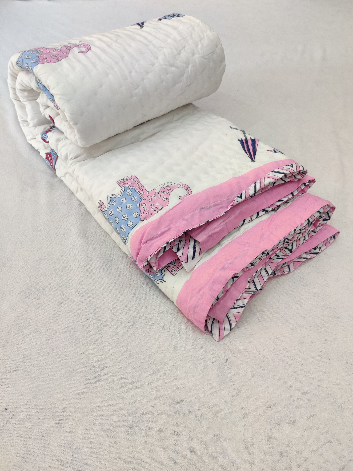Hand Block Print Mulmul Quilt - Chatri Haathi Soft Jaipuri Razai Double