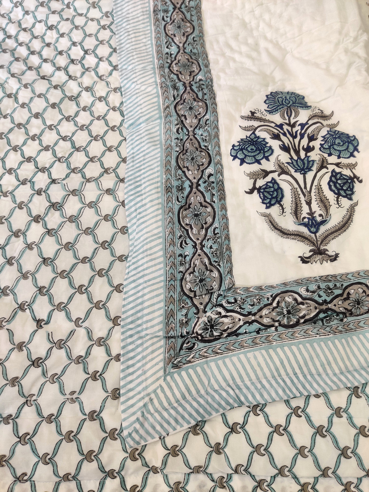 Hand Block Print Mulmul Quilt - Dark Blue Bloomer Soft Jaipuri Razai Double