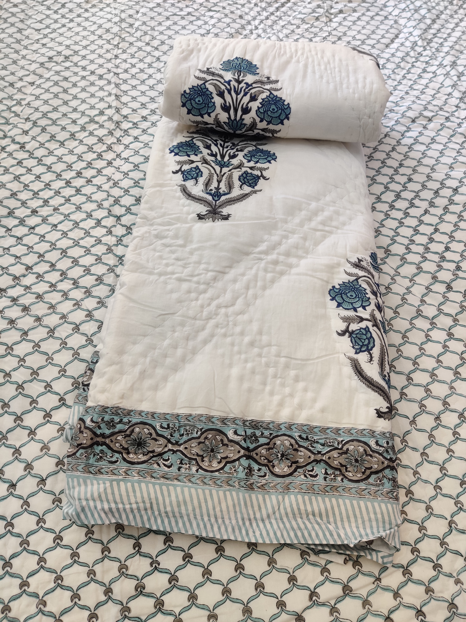 Hand Block Print Mulmul Quilt - Dark Blue Bloomer Soft Jaipuri Razai Double
