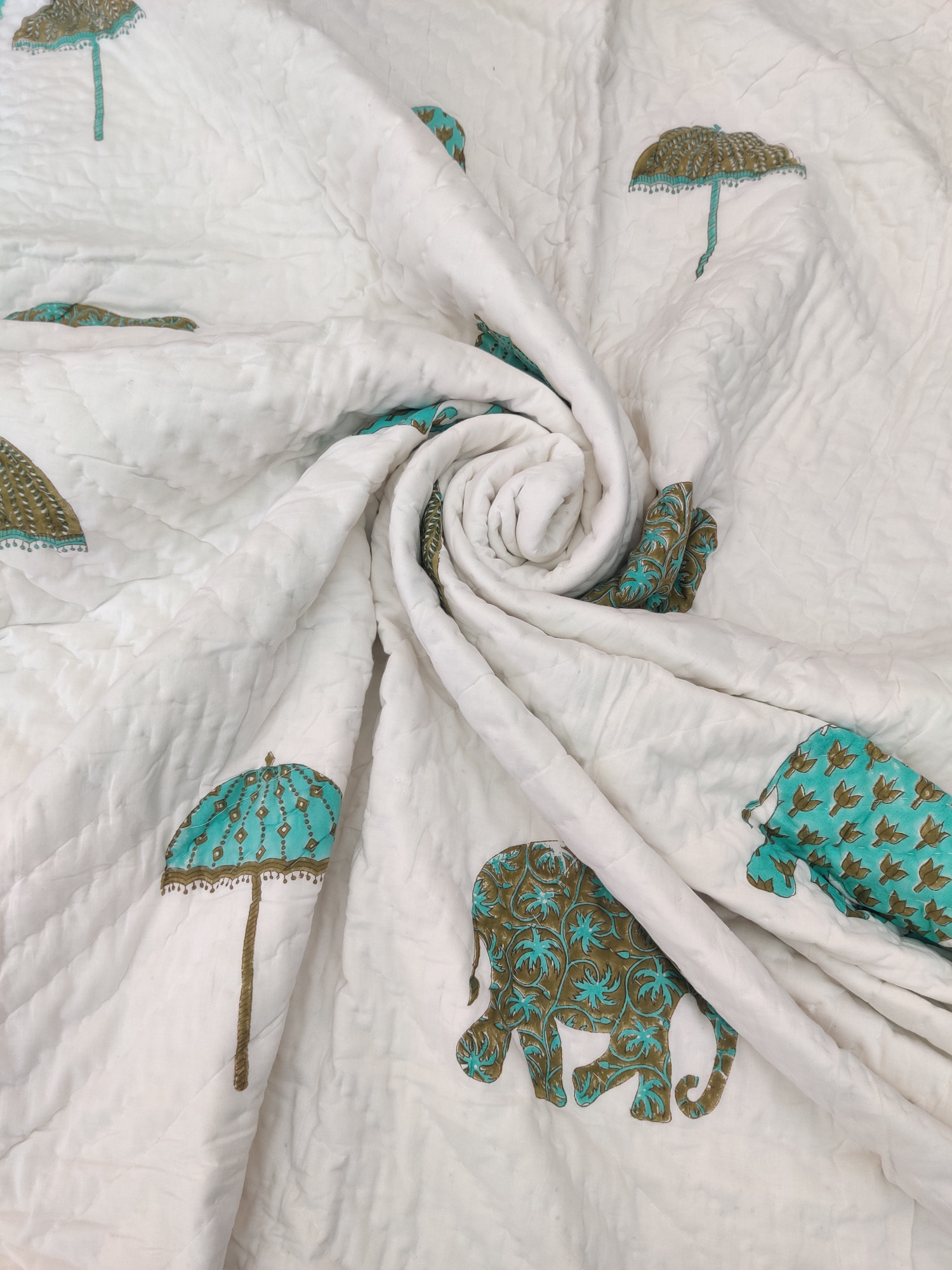 Hand Block Print Mulmul Quilt - Haathi Soft Jaipuri Razai Double