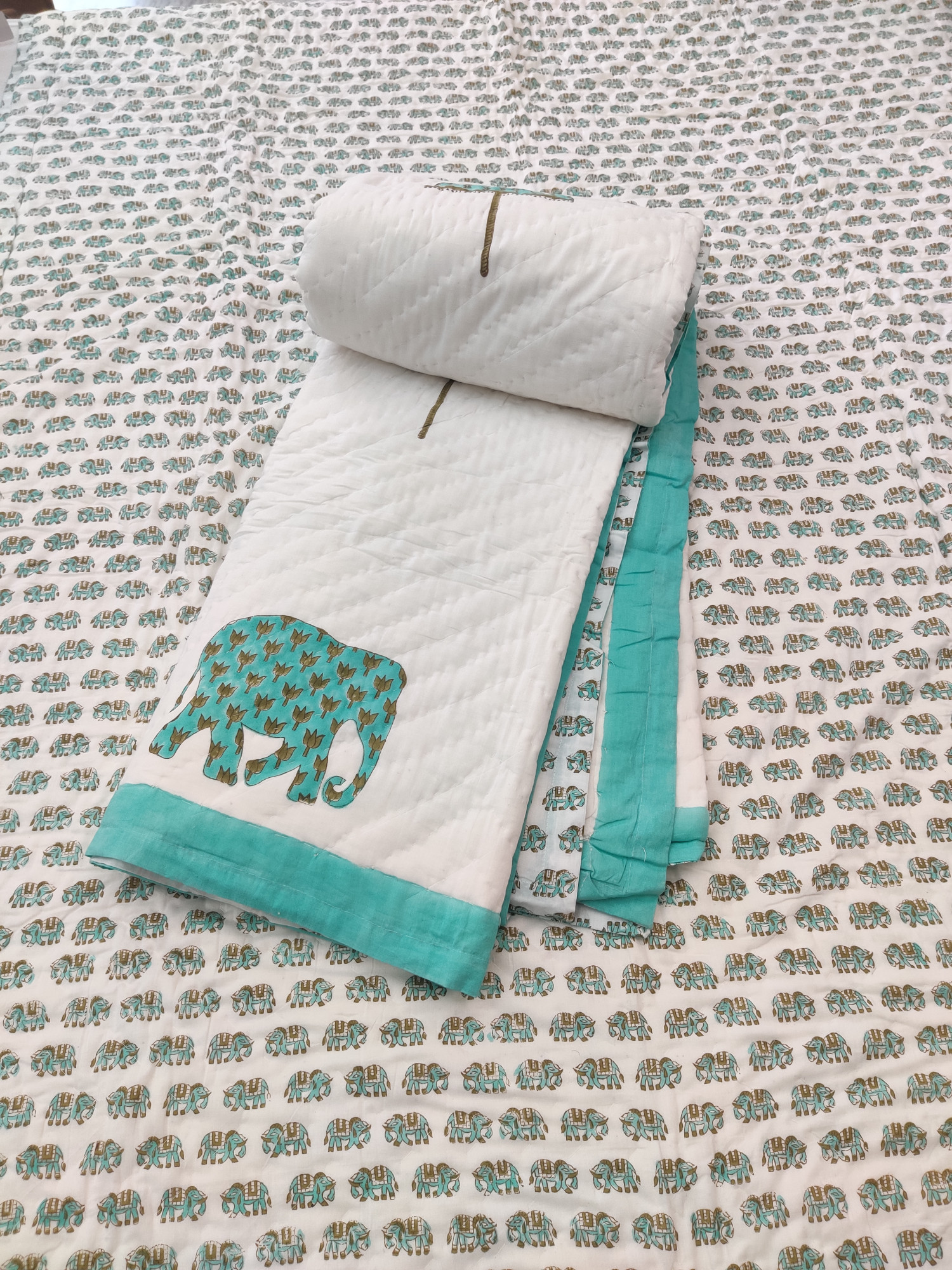 Hand Block Print Mulmul Quilt - Haathi Soft Jaipuri Razai Double