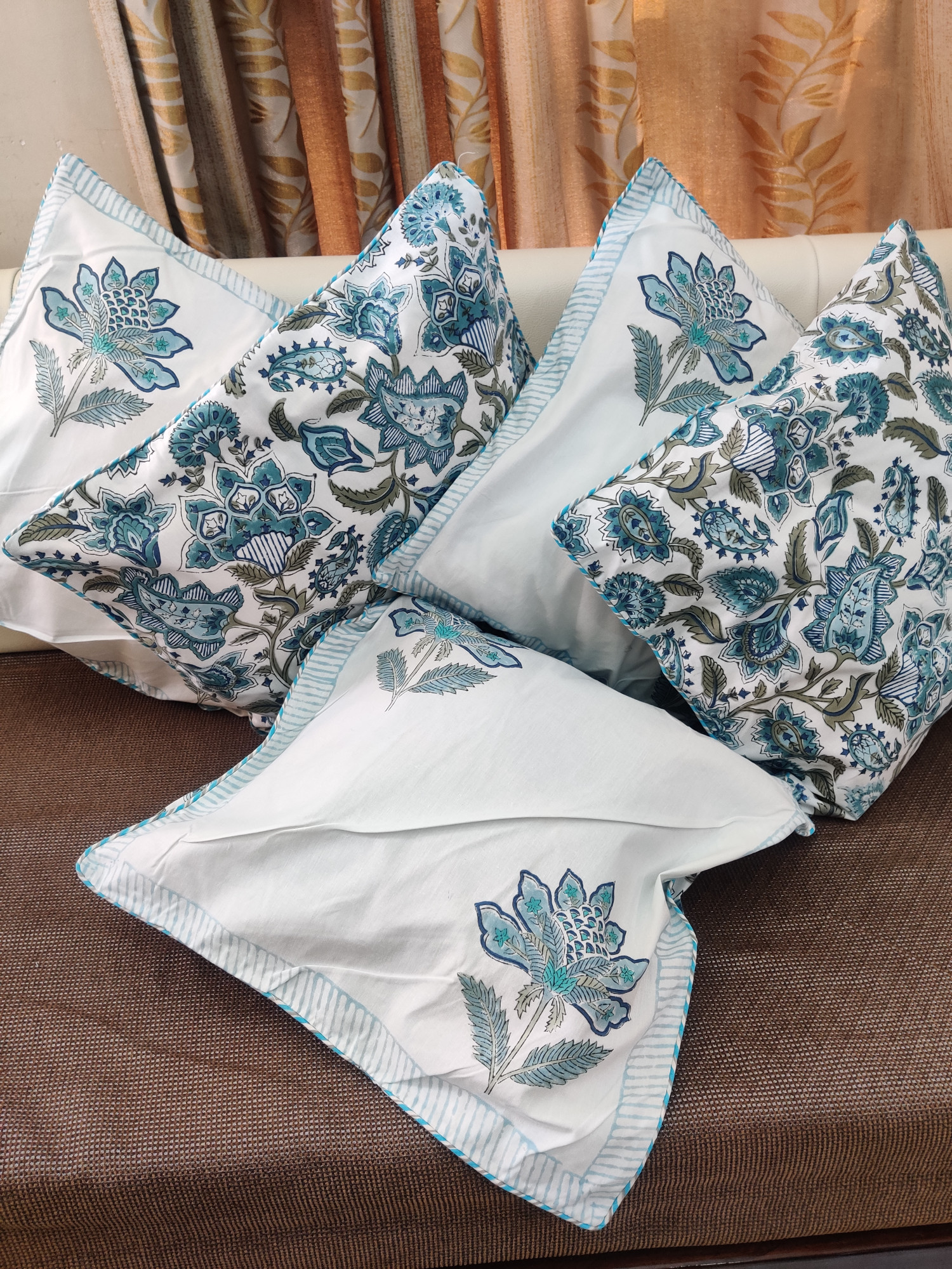 Block Print Cushion Cover - Blue Jaal Hand Block Print Premium Cotton 16x16 Pack of 5
