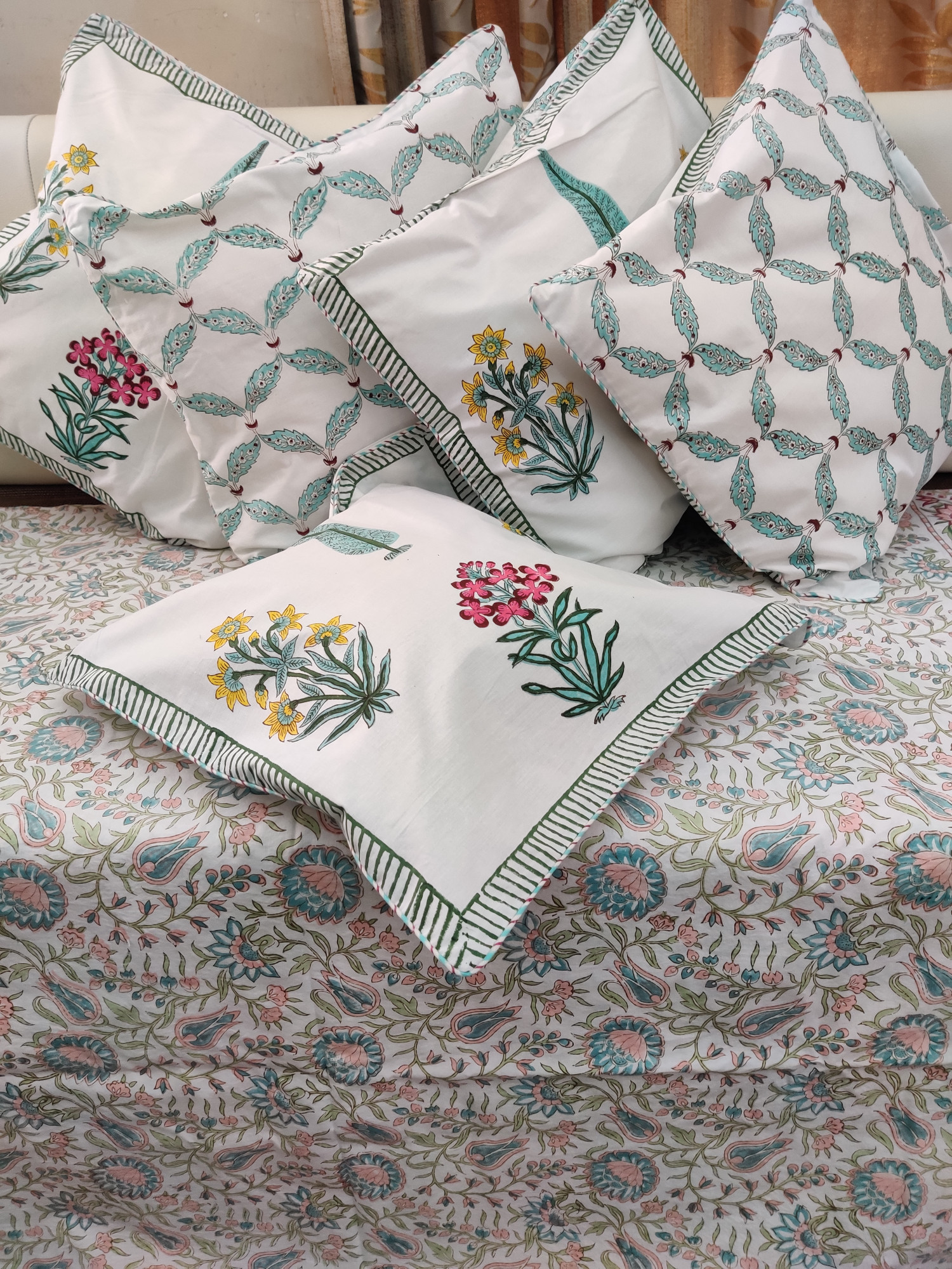 Block Print Cushion Cover - Multiblock Blockprint Hand Block Print Premium Cotton 16x16 Pack of 5