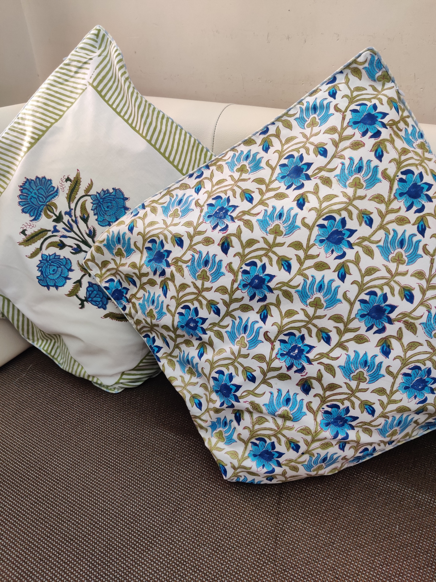 Block Print Cushion Cover - Bluish Bloomer Hand Block Print Premium Cotton 16x16 Pack of 5