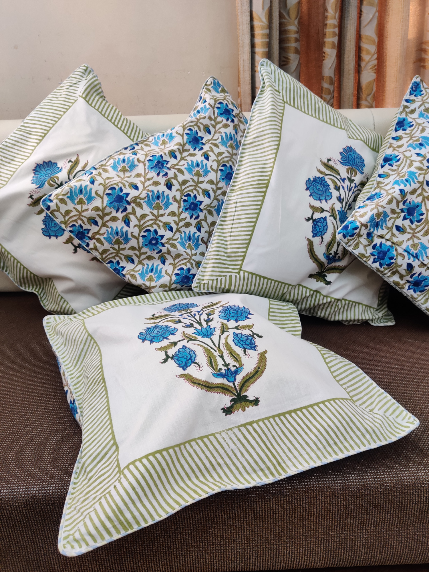 Block Print Cushion Cover - Bluish Bloomer Hand Block Print Premium Cotton 16x16 Pack of 5