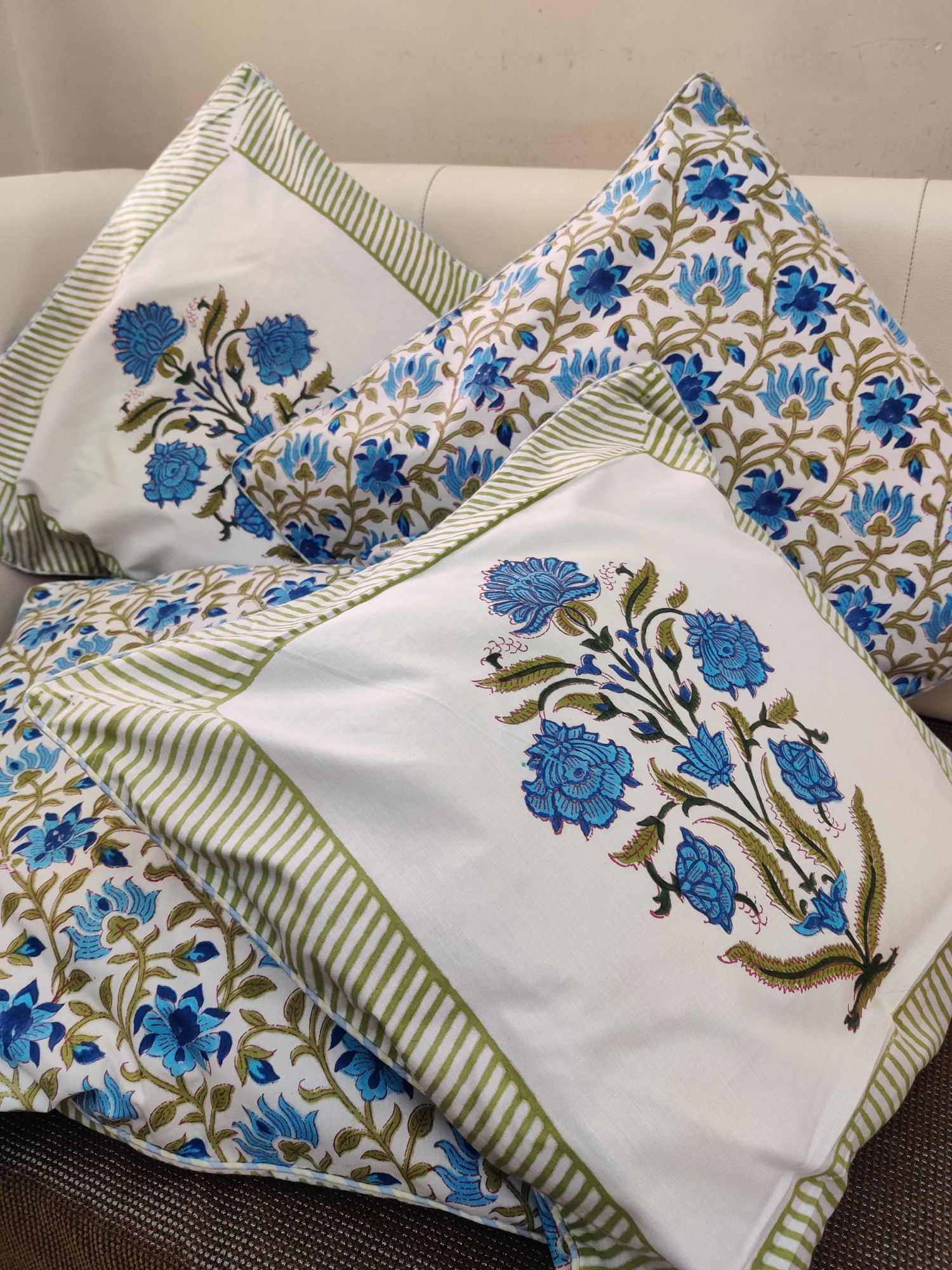 Block Print Cushion Cover - Bluish Bloomer Hand Block Print Premium Cotton 16x16 Pack of 5