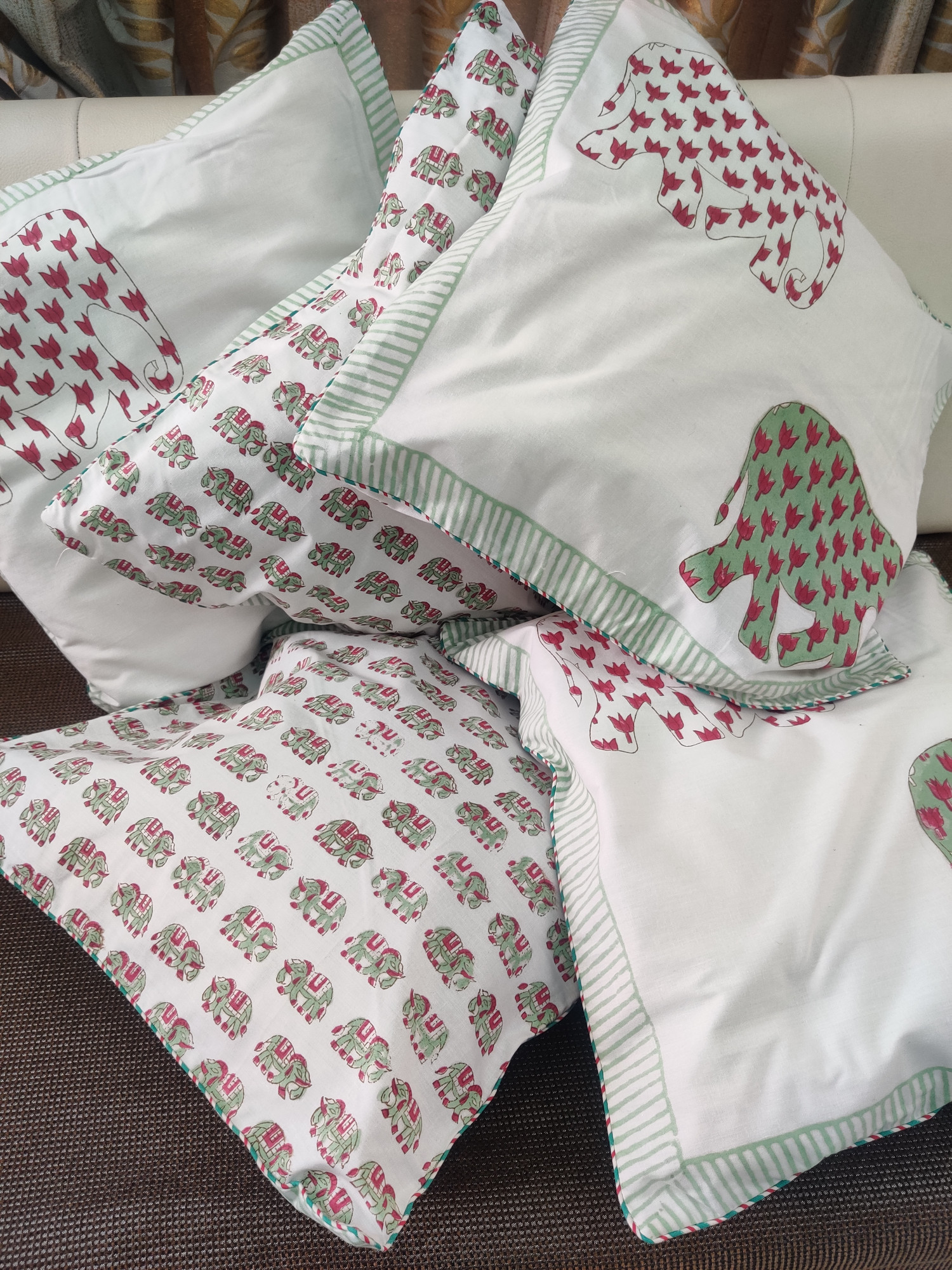 Block Print Cushion Cover - Double Haathi Hand Block Print Premium Cotton 16x16 Pack of 5