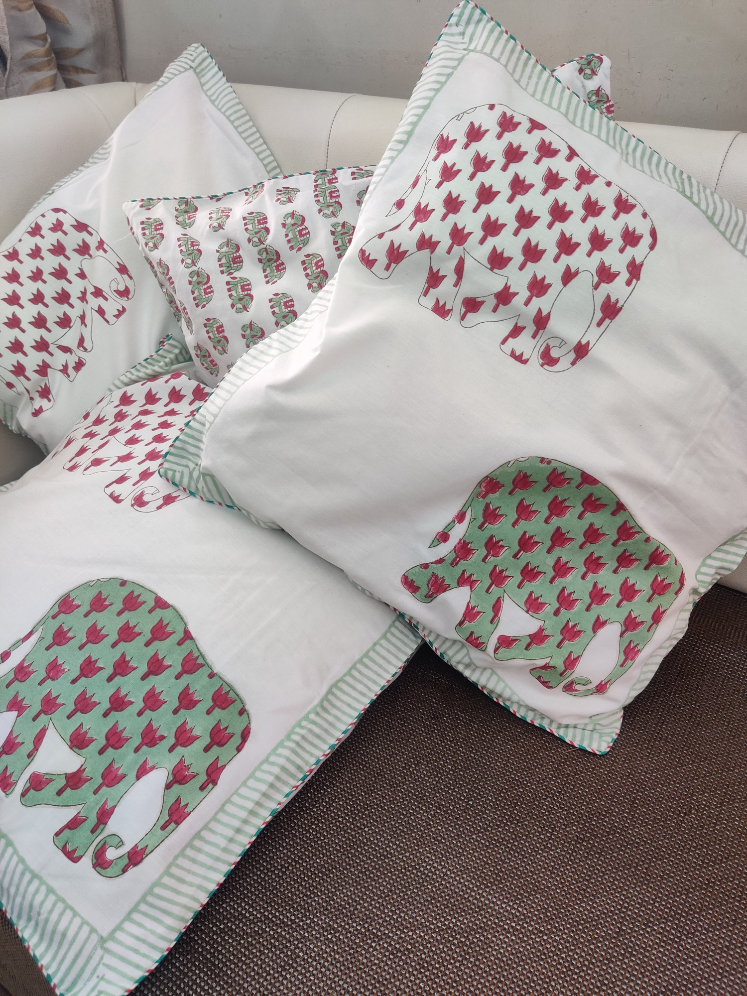 Block Print Cushion Cover - Double Haathi Hand Block Print Premium Cotton 16x16 Pack of 5
