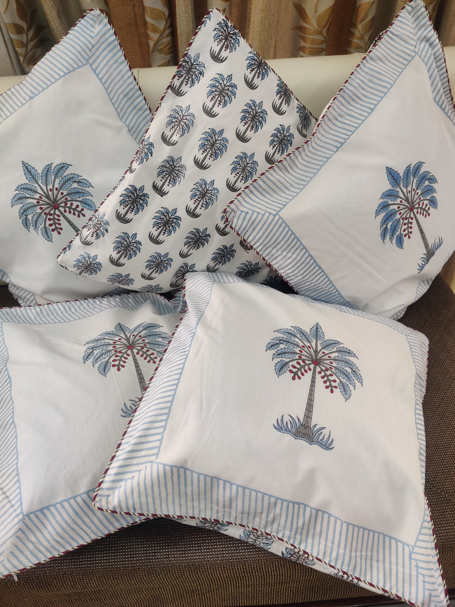 Block Print Cushion Cover - Pine Hand Block Print Premium Cotton 16x16 Pack of 5