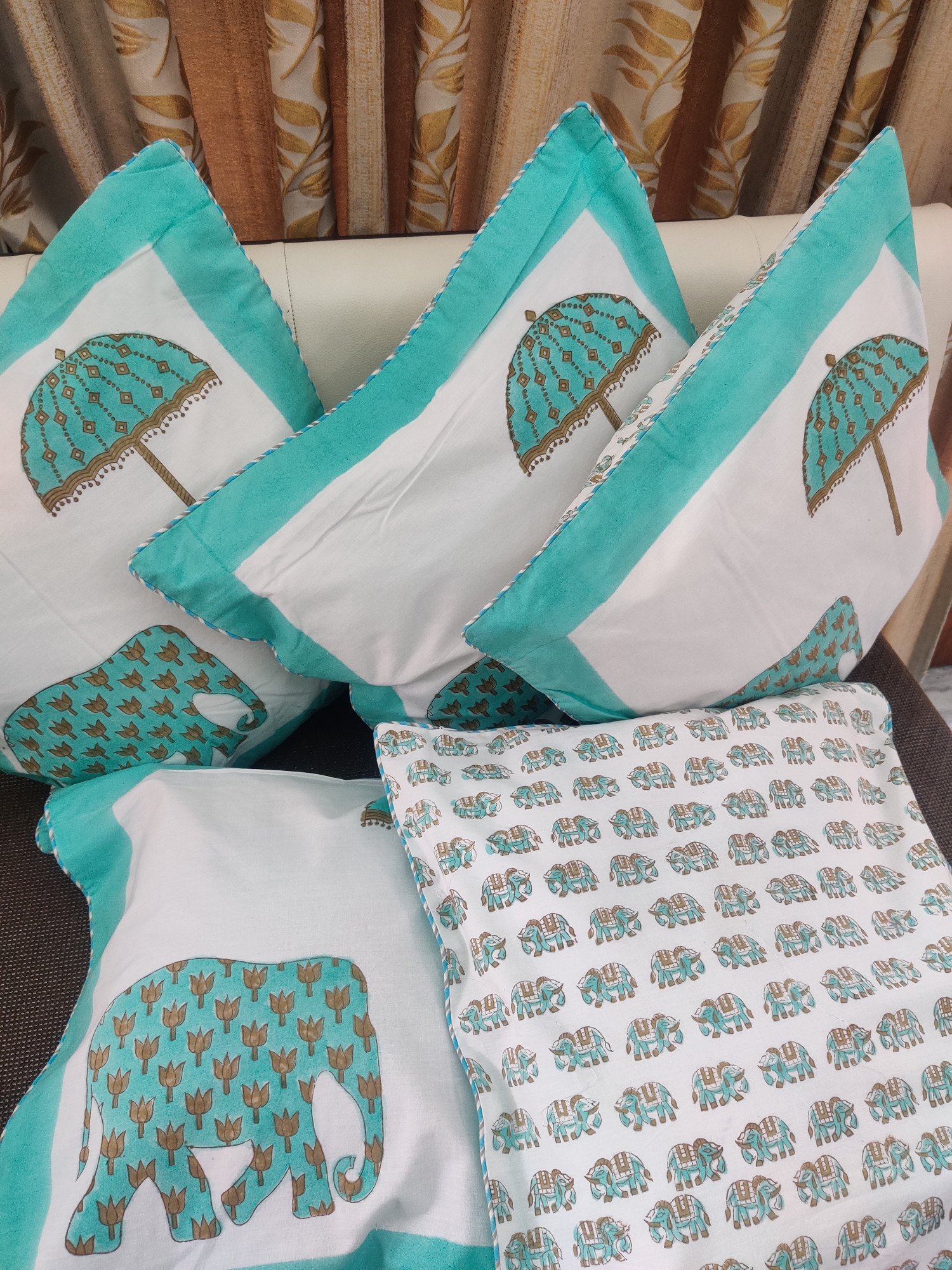 Block Print Cushion Cover - Haathi Hand Block Print Premium Cotton 16x16 Pack of 5