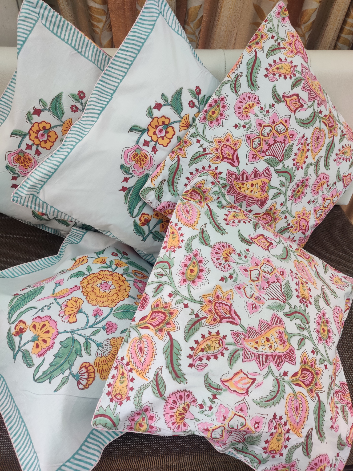 Block Print Cushion Cover - Yellow Mughal Hand Block Print Premium Cotton 16x16 Pack of 5