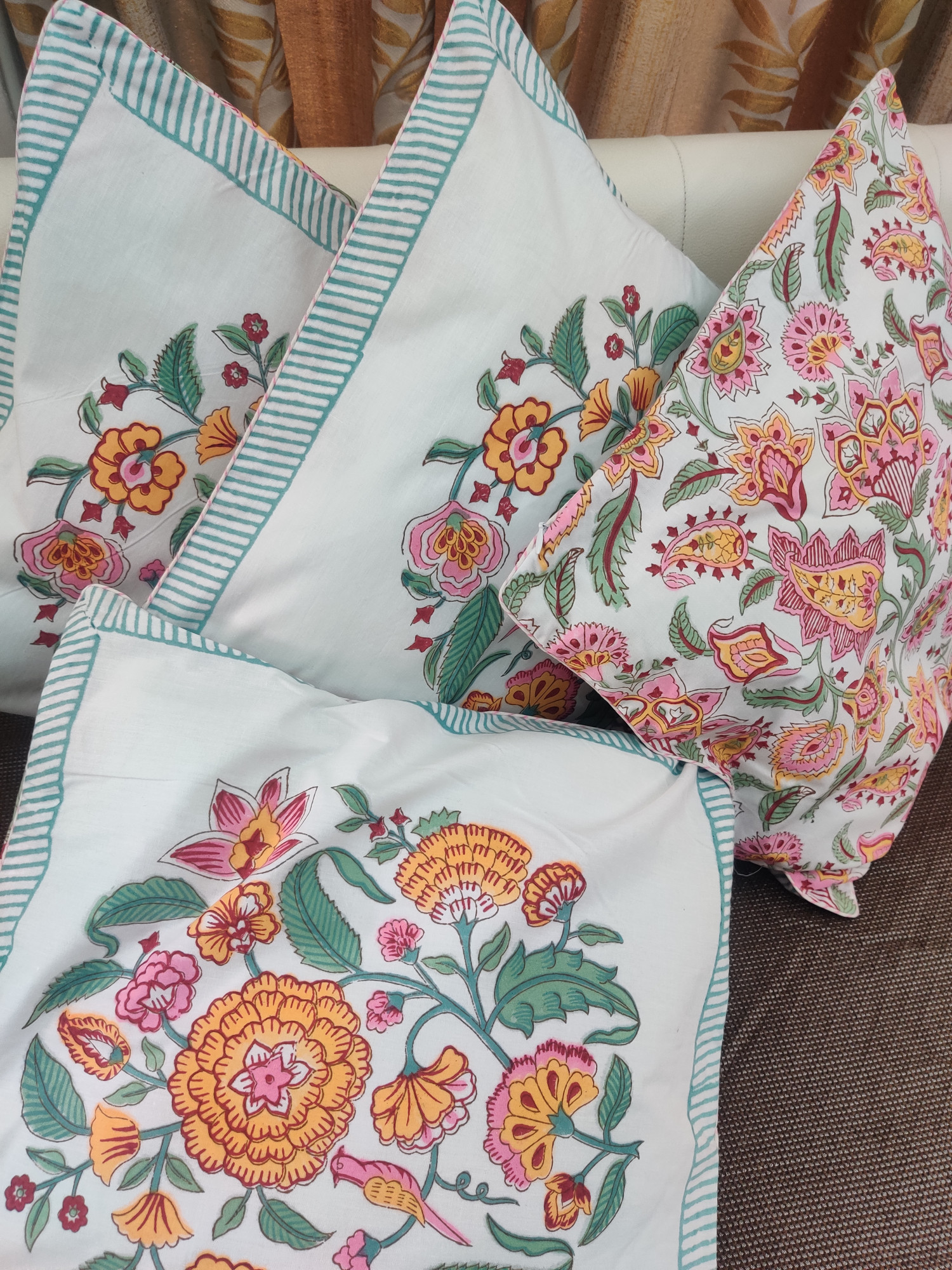 Block Print Cushion Cover - Yellow Mughal Hand Block Print Premium Cotton 16x16 Pack of 5