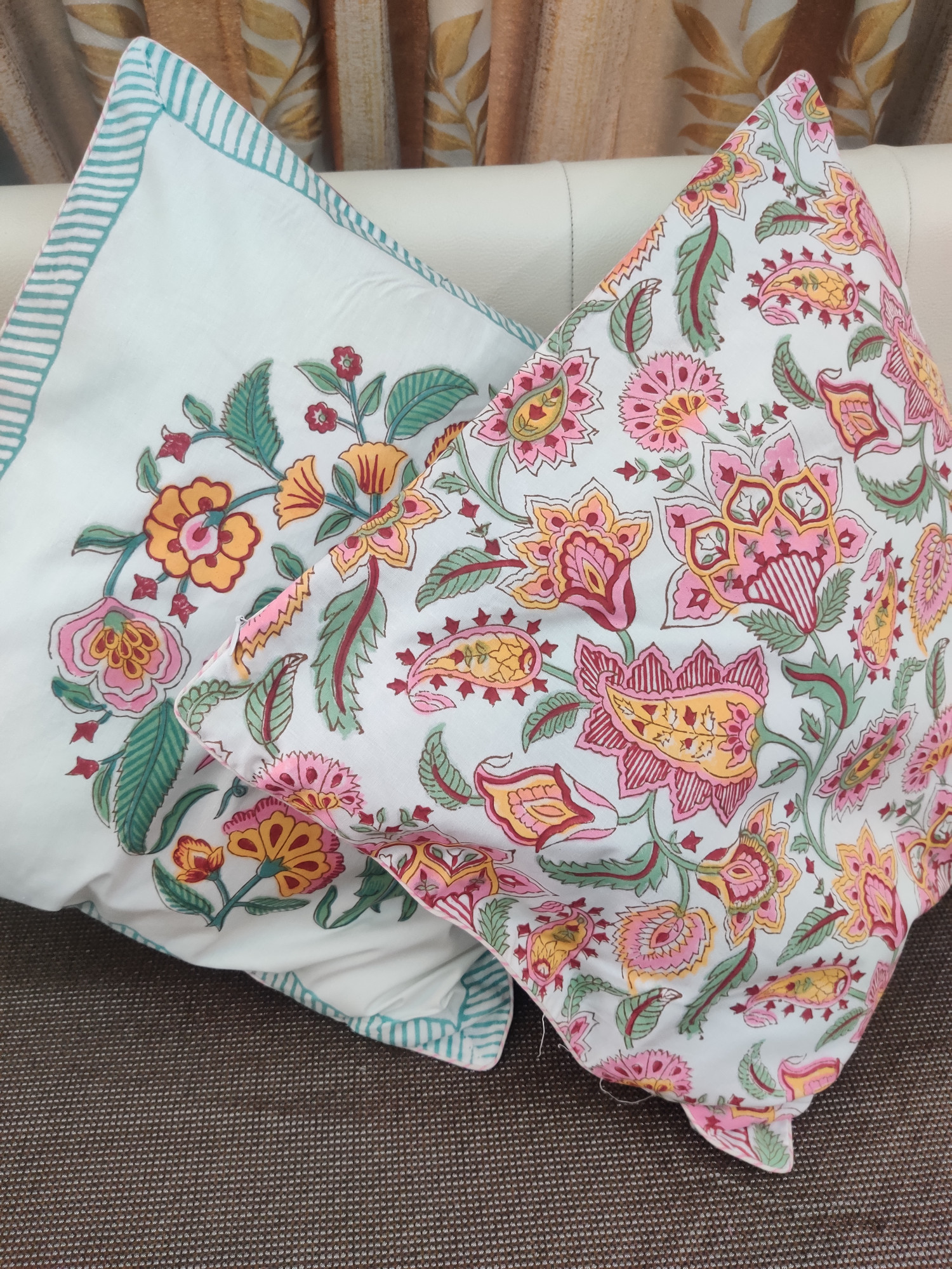 Block Print Cushion Cover - Yellow Mughal Hand Block Print Premium Cotton 16x16 Pack of 5
