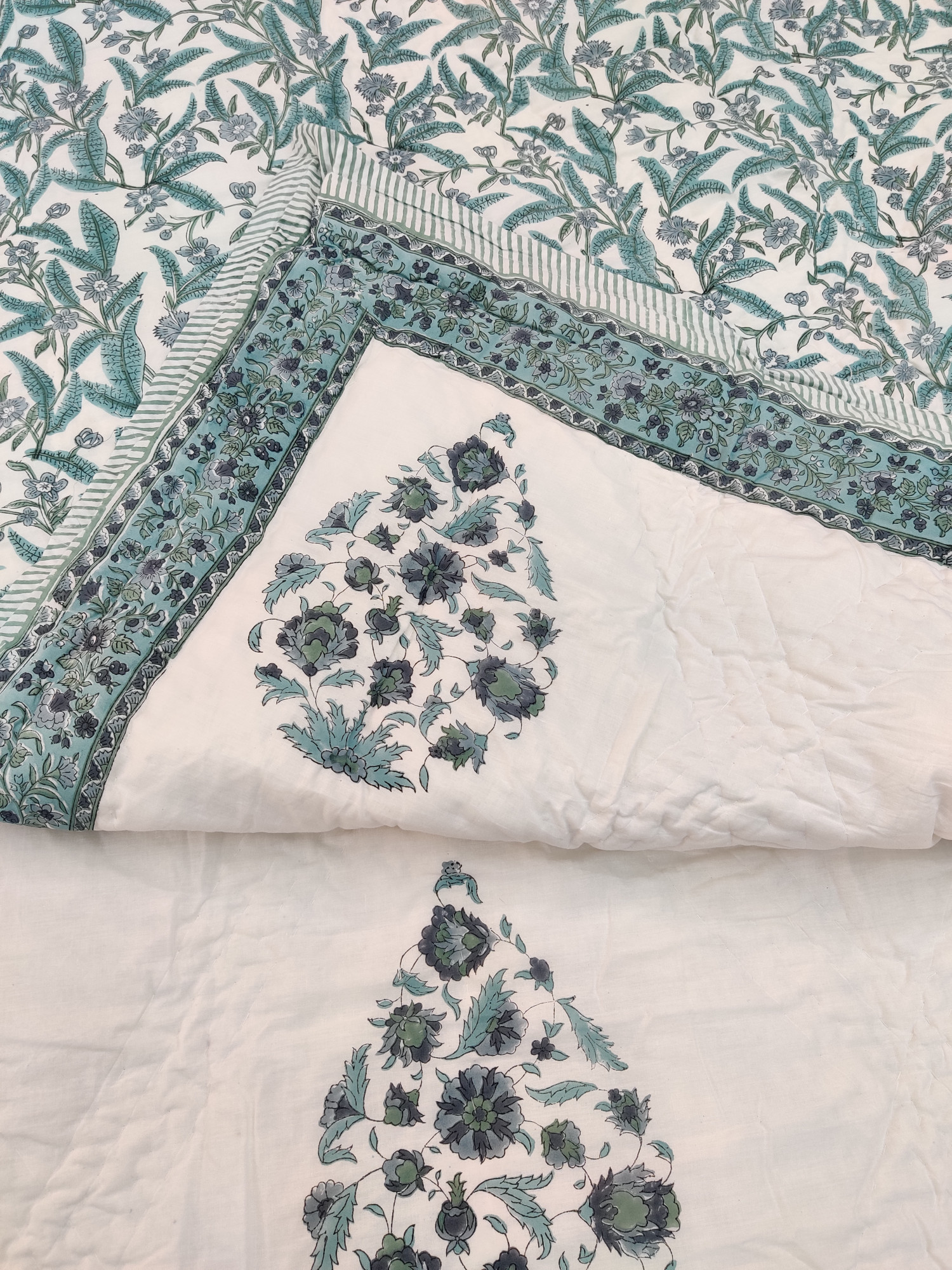 Hand Block Print Mulmul Quilt - Grey Floral Boota Premium Soft Jaipuri Razai Double