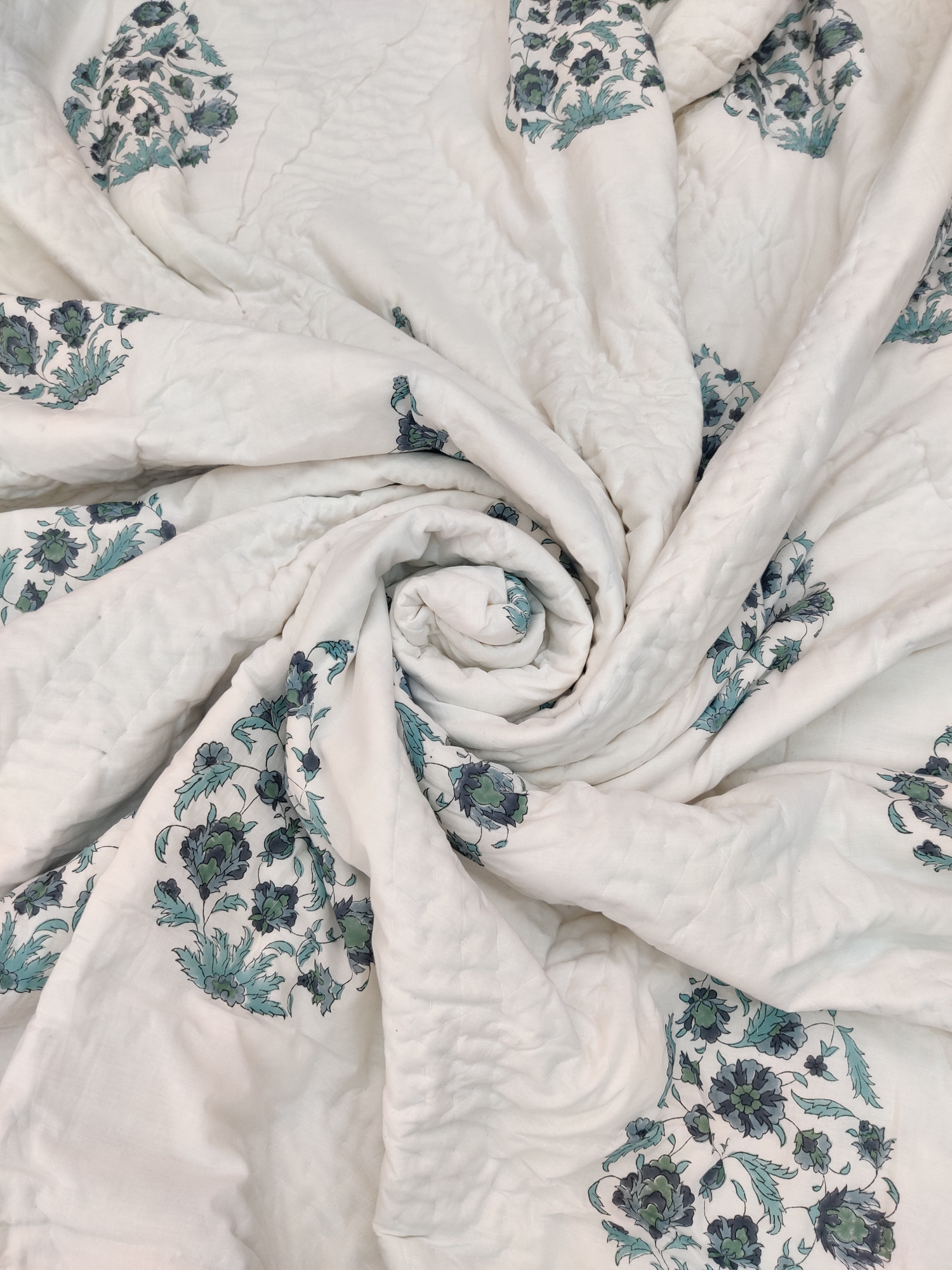 Hand Block Print Mulmul Quilt - Grey Floral Boota Premium Soft Jaipuri Razai Double