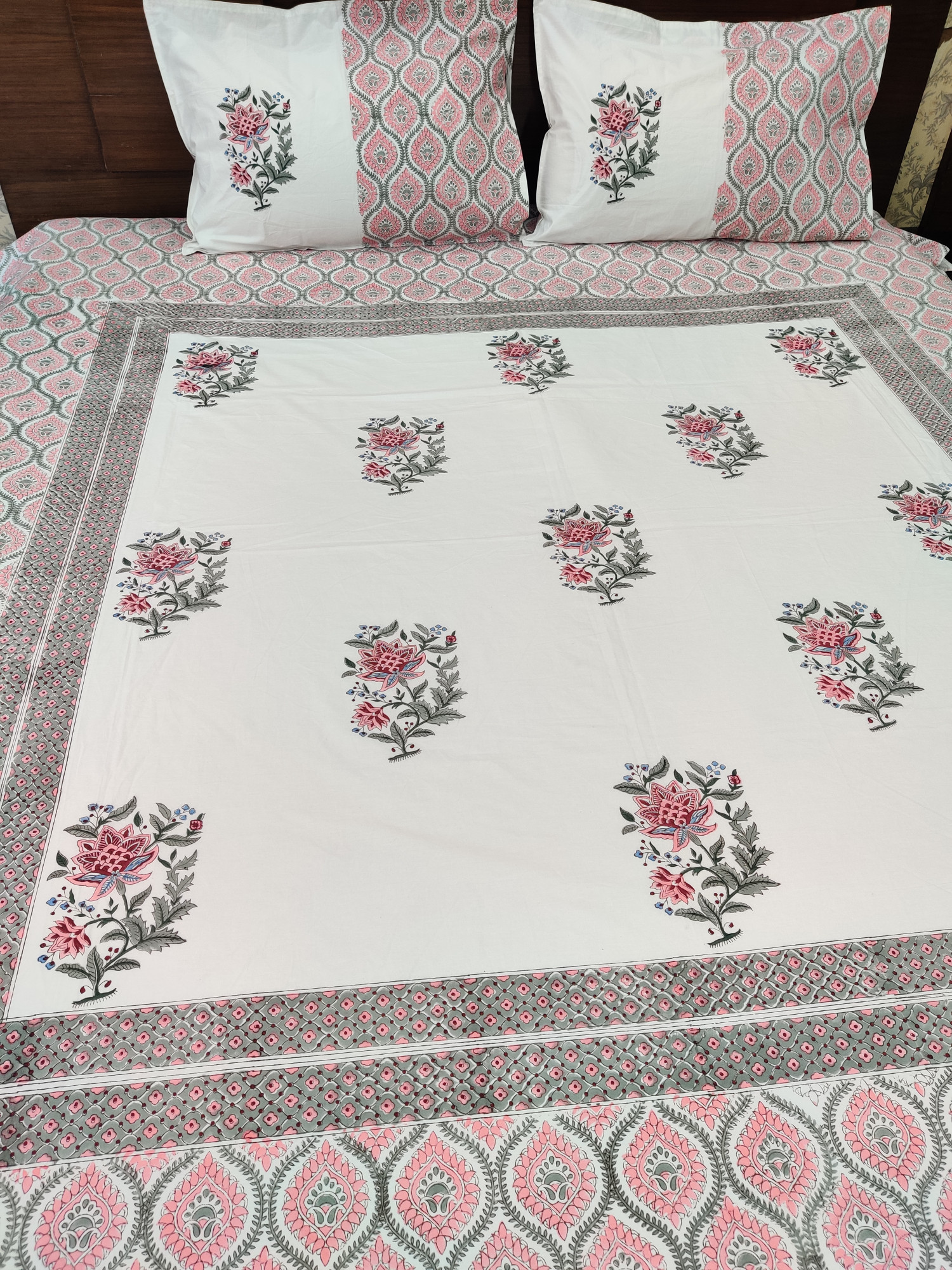 Jaipuri Block Print Bedsheet - Peach Boota Hand Block Print Cotton King Size