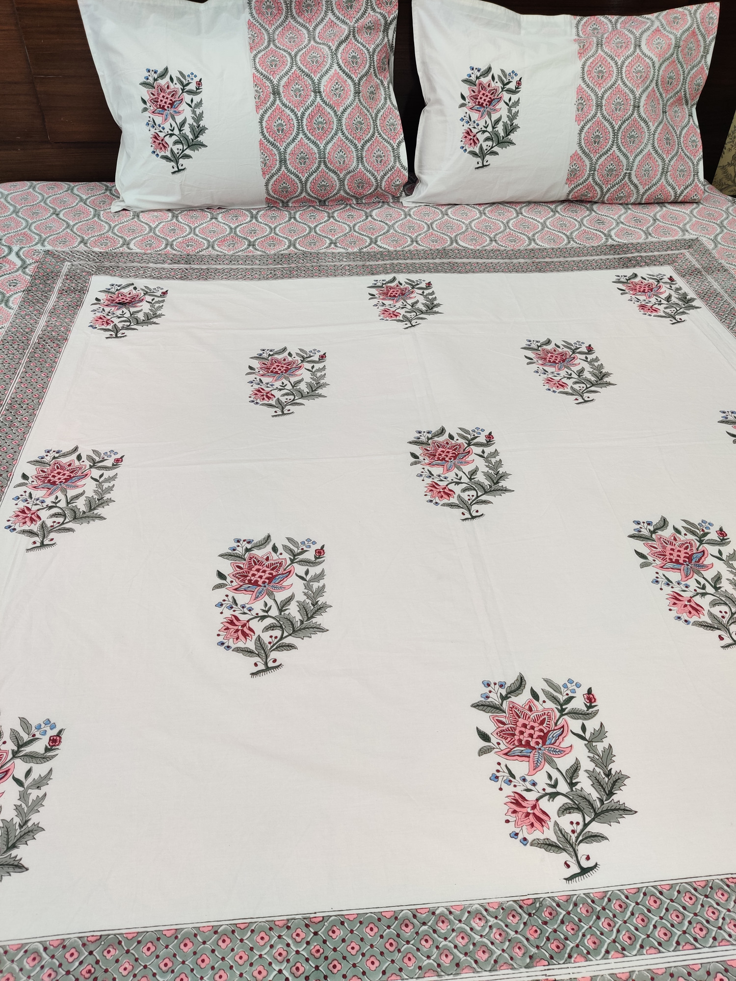Jaipuri Block Print Bedsheet - Peach Boota Hand Block Print Cotton King Size
