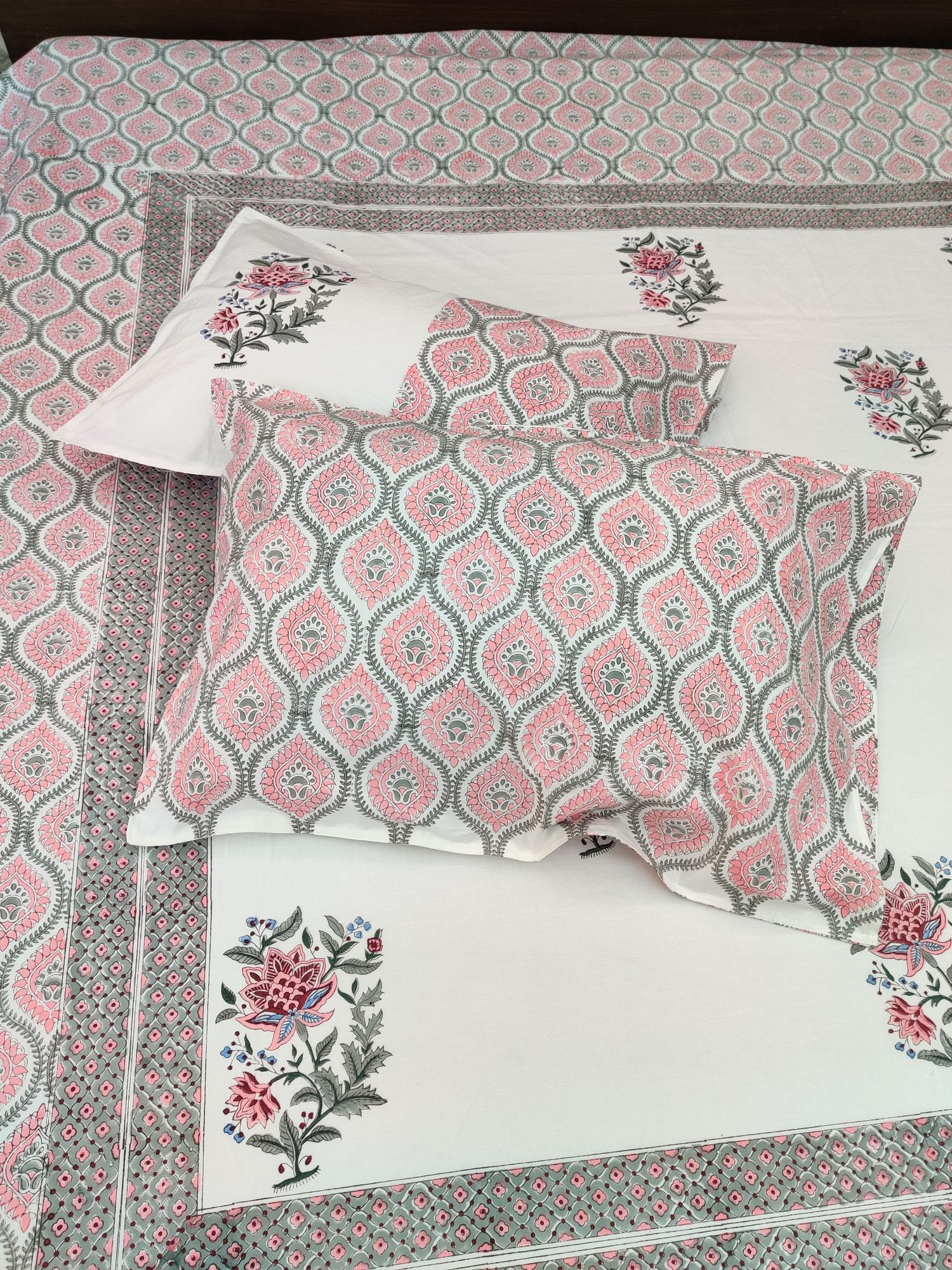 Jaipuri Block Print Bedsheet - Peach Boota Hand Block Print Cotton King Size