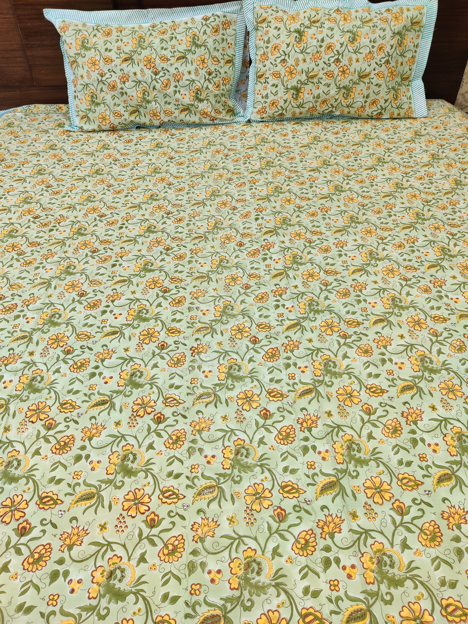 Jaipuri Block Print Bedsheet - Green Jaal Hand Block Print Cotton King Size