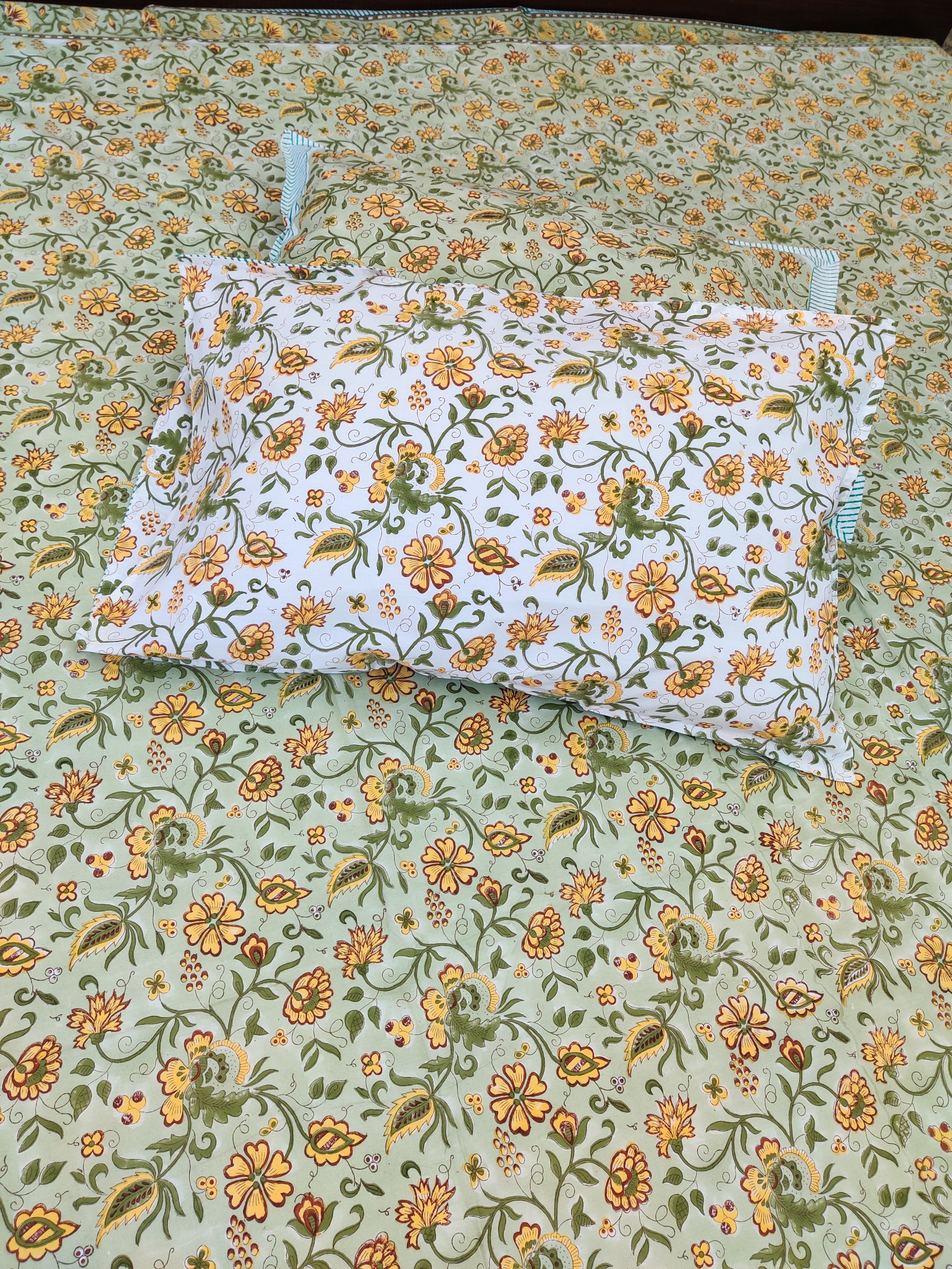 Jaipuri Block Print Bedsheet - Green Jaal Hand Block Print Cotton King Size