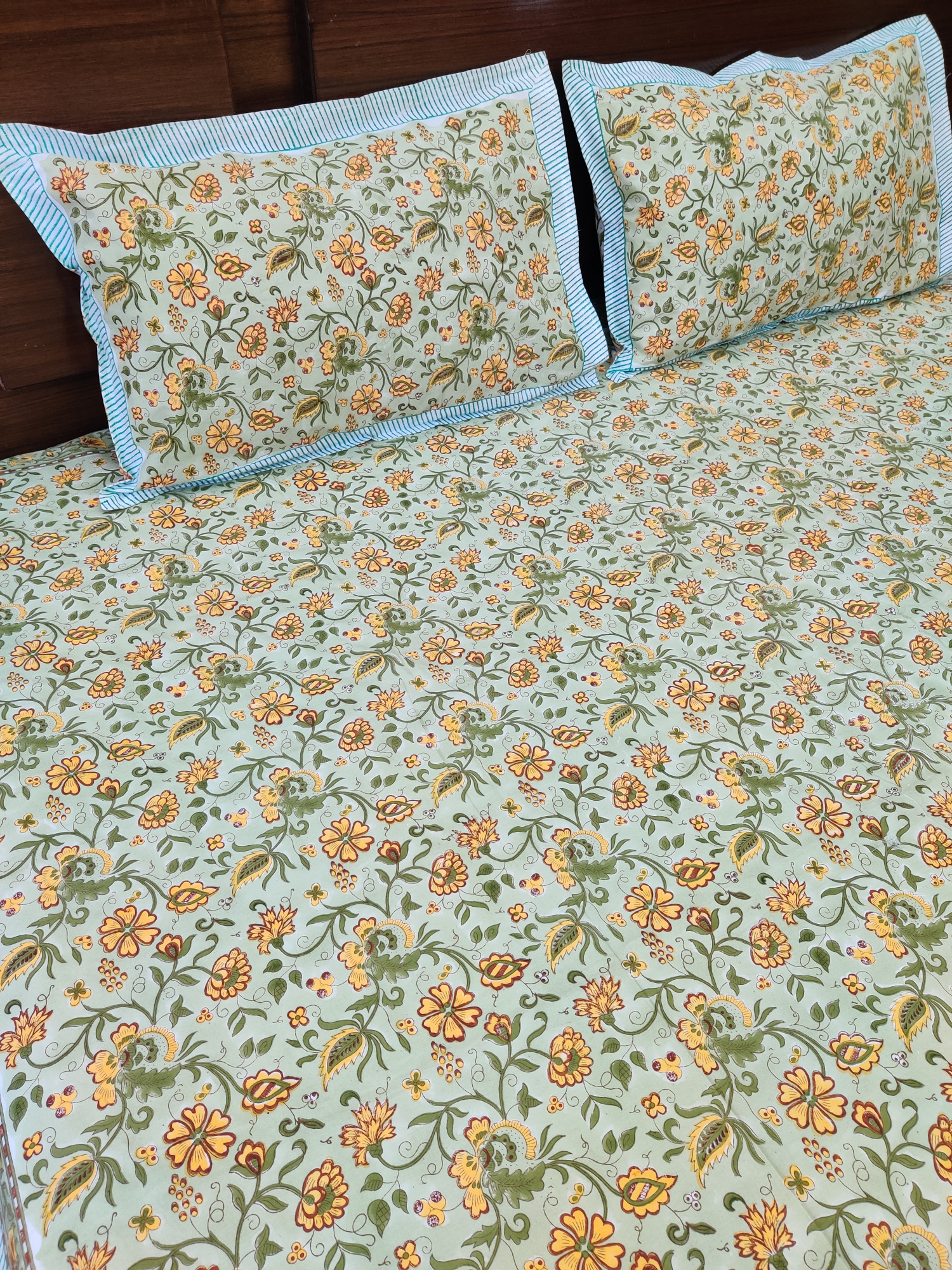 Jaipuri Block Print Bedsheet - Green Jaal Hand Block Print Cotton King Size