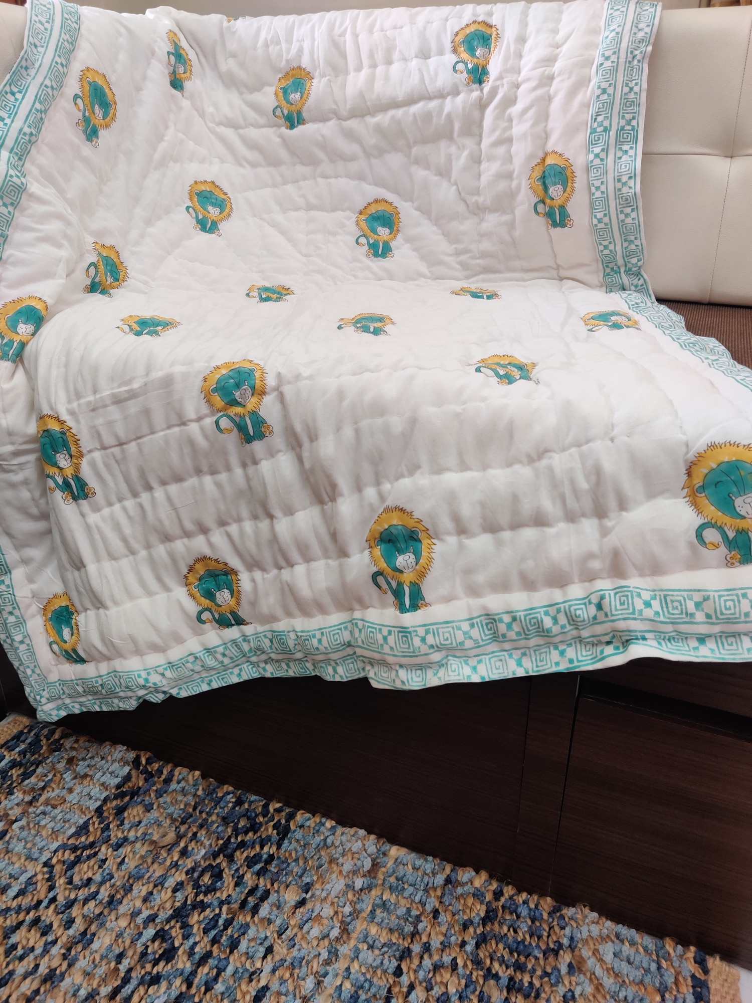 Hand Block Print Baby Quilt - yellow Lion Baby Jaipuri Cotton Razai