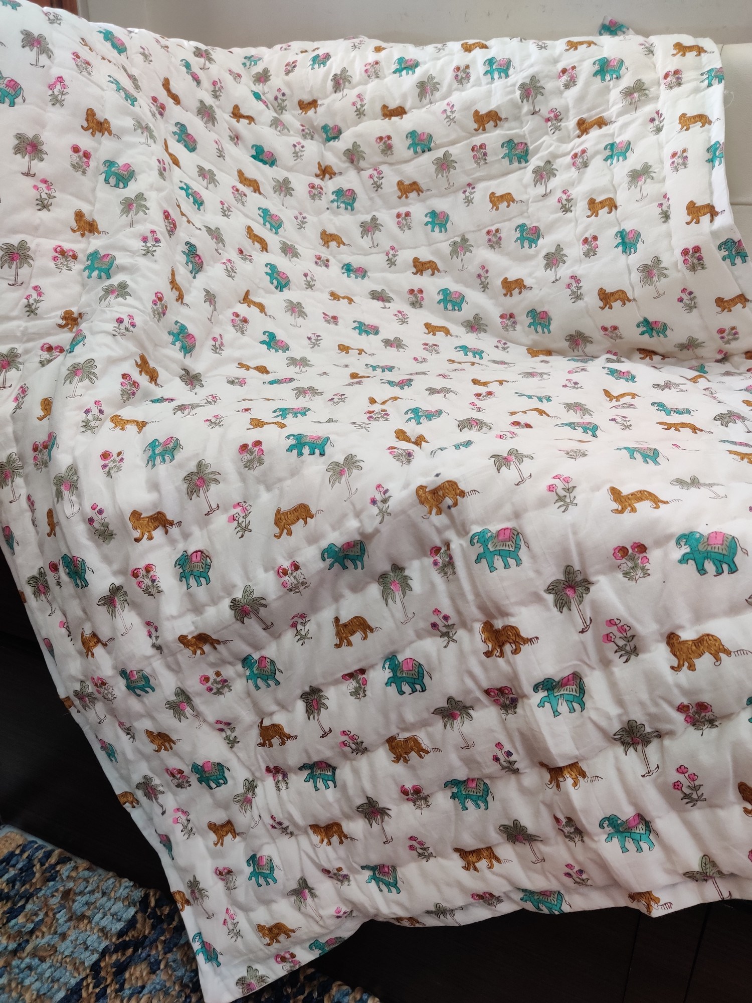 Hand Block Print Baby Quilt - yellow Lion Baby Jaipuri Cotton Razai