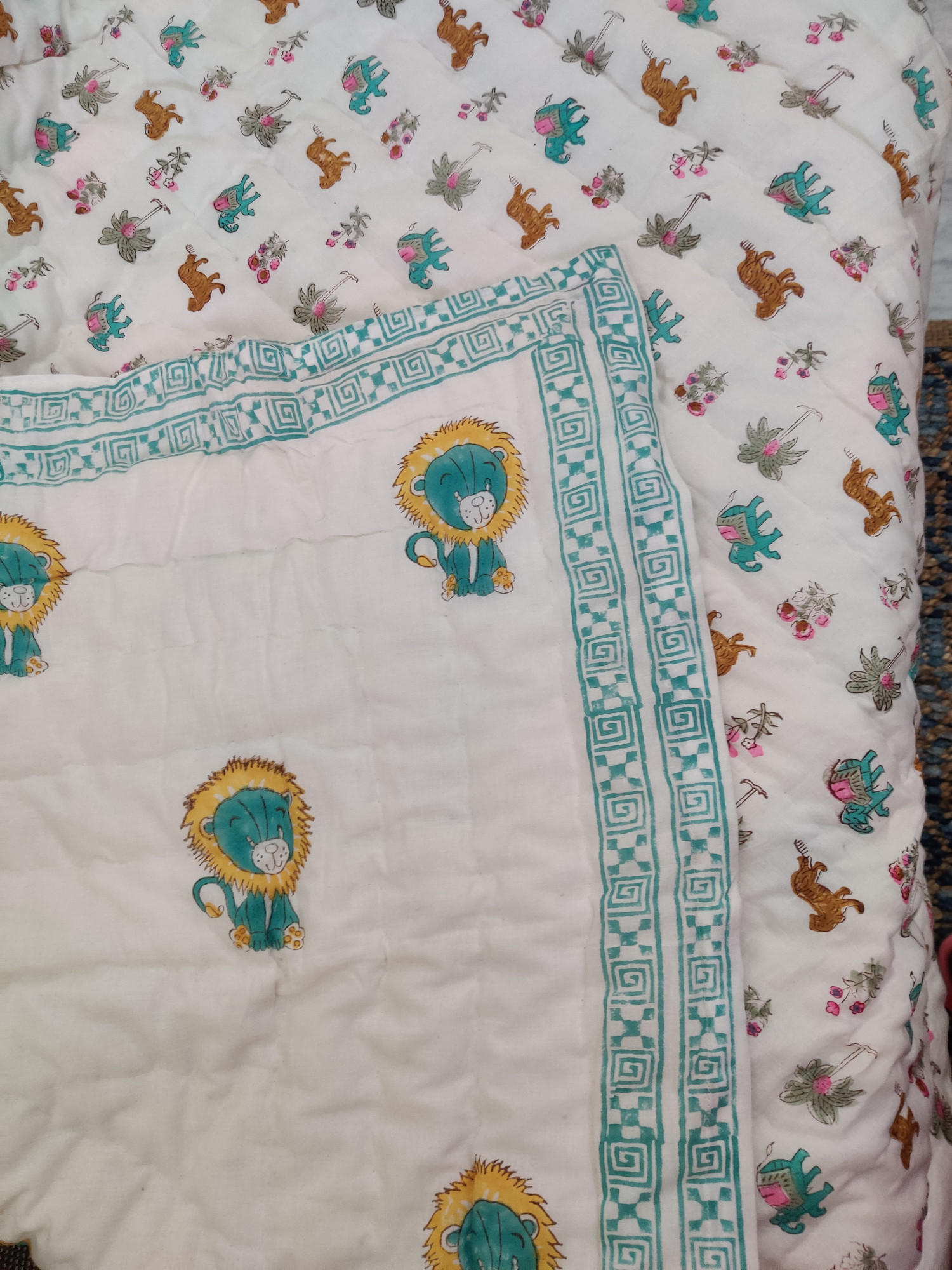 Hand Block Print Baby Quilt - yellow Lion Baby Jaipuri Cotton Razai