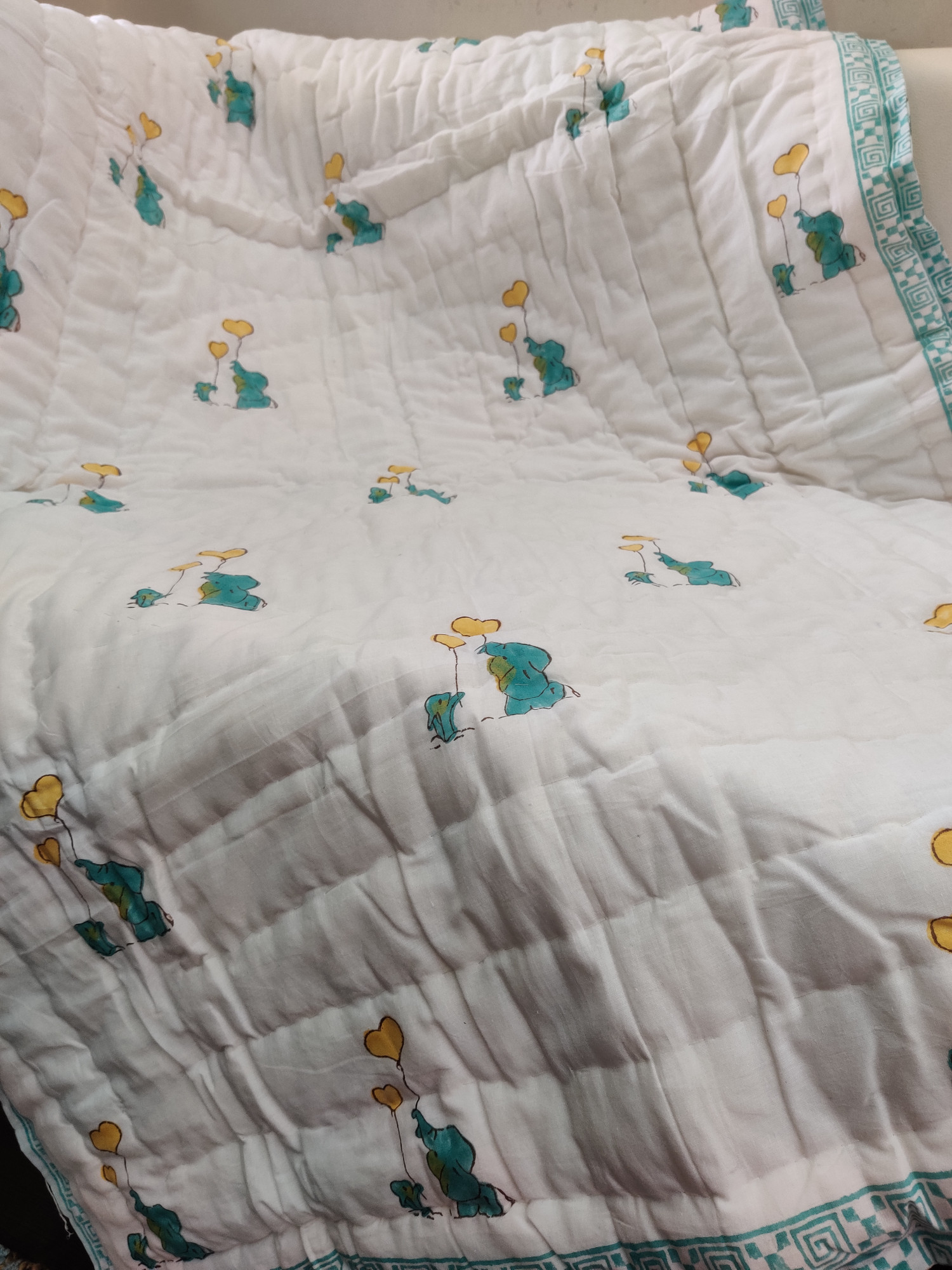 Hand Block Print Baby Quilt - Green Elephant Baby Jaipuri Cotton Razai