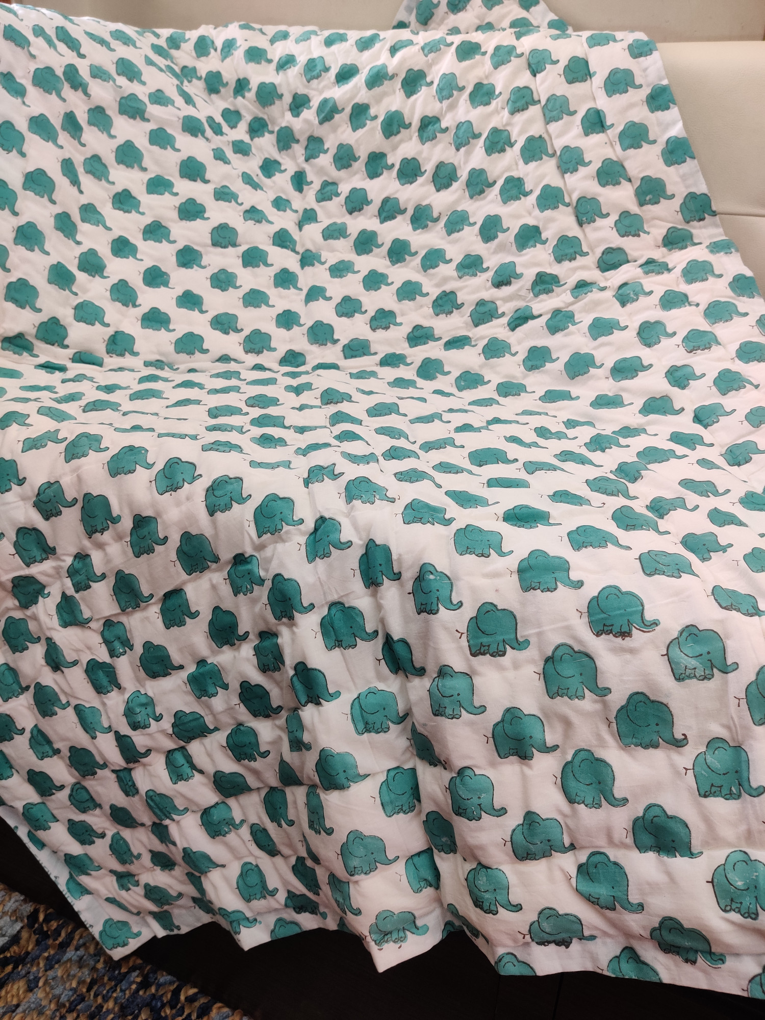 Hand Block Print Baby Quilt - Green Elephant Baby Jaipuri Cotton Razai