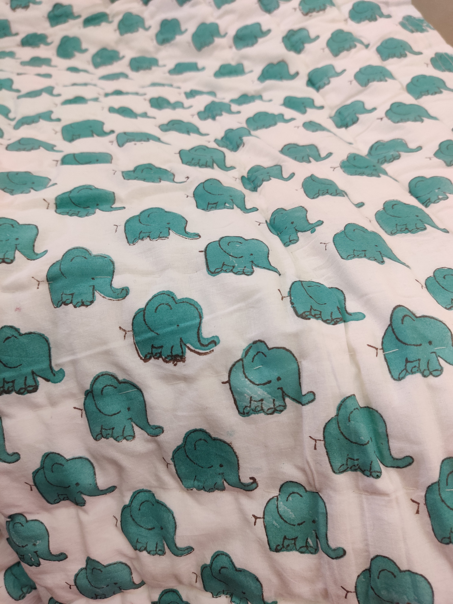 Hand Block Print Baby Quilt - Green Elephant Baby Jaipuri Cotton Razai