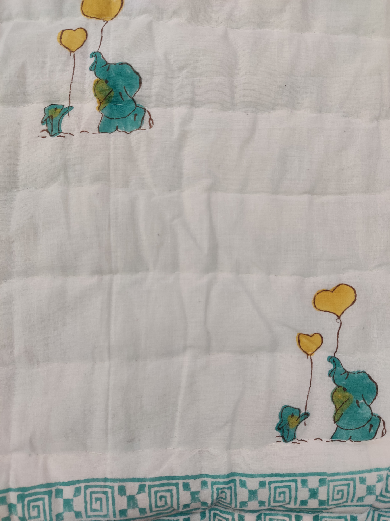 Hand Block Print Baby Quilt - Green Elephant Baby Jaipuri Cotton Razai