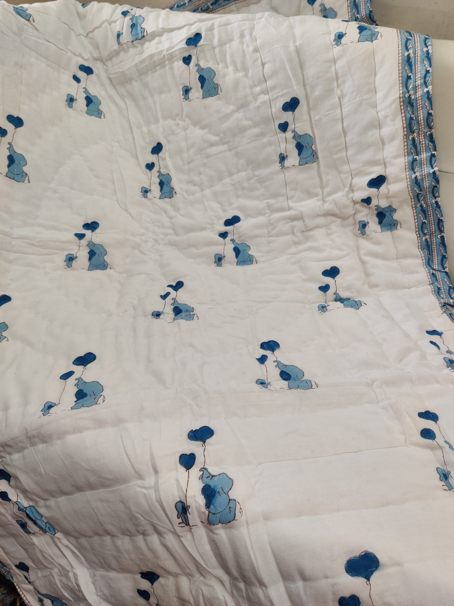 Hand Block Print Baby Quilt - Blue Elephant Baby Jaipuri Cotton Razai