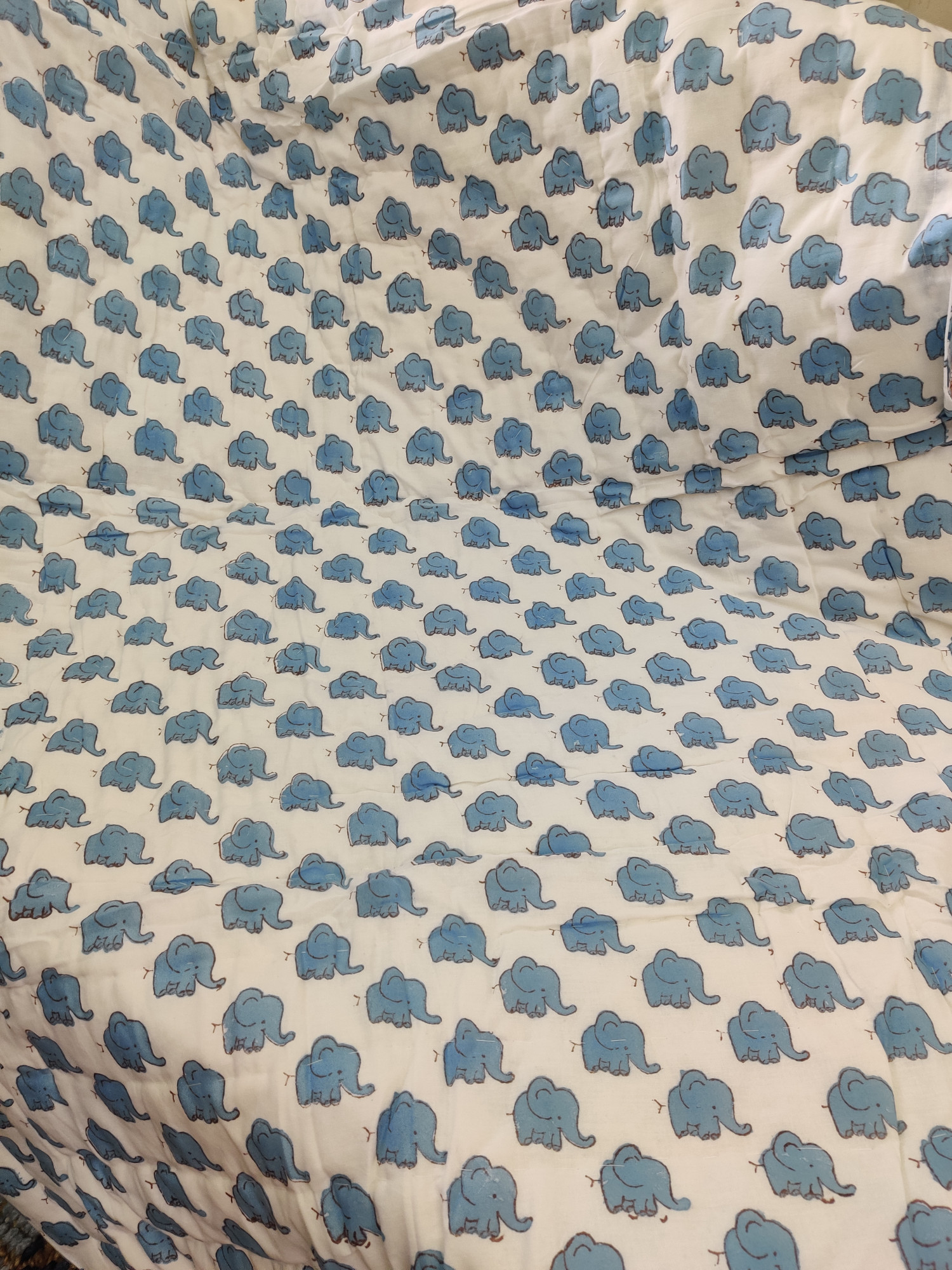 Hand Block Print Baby Quilt - Blue Elephant Baby Jaipuri Cotton Razai