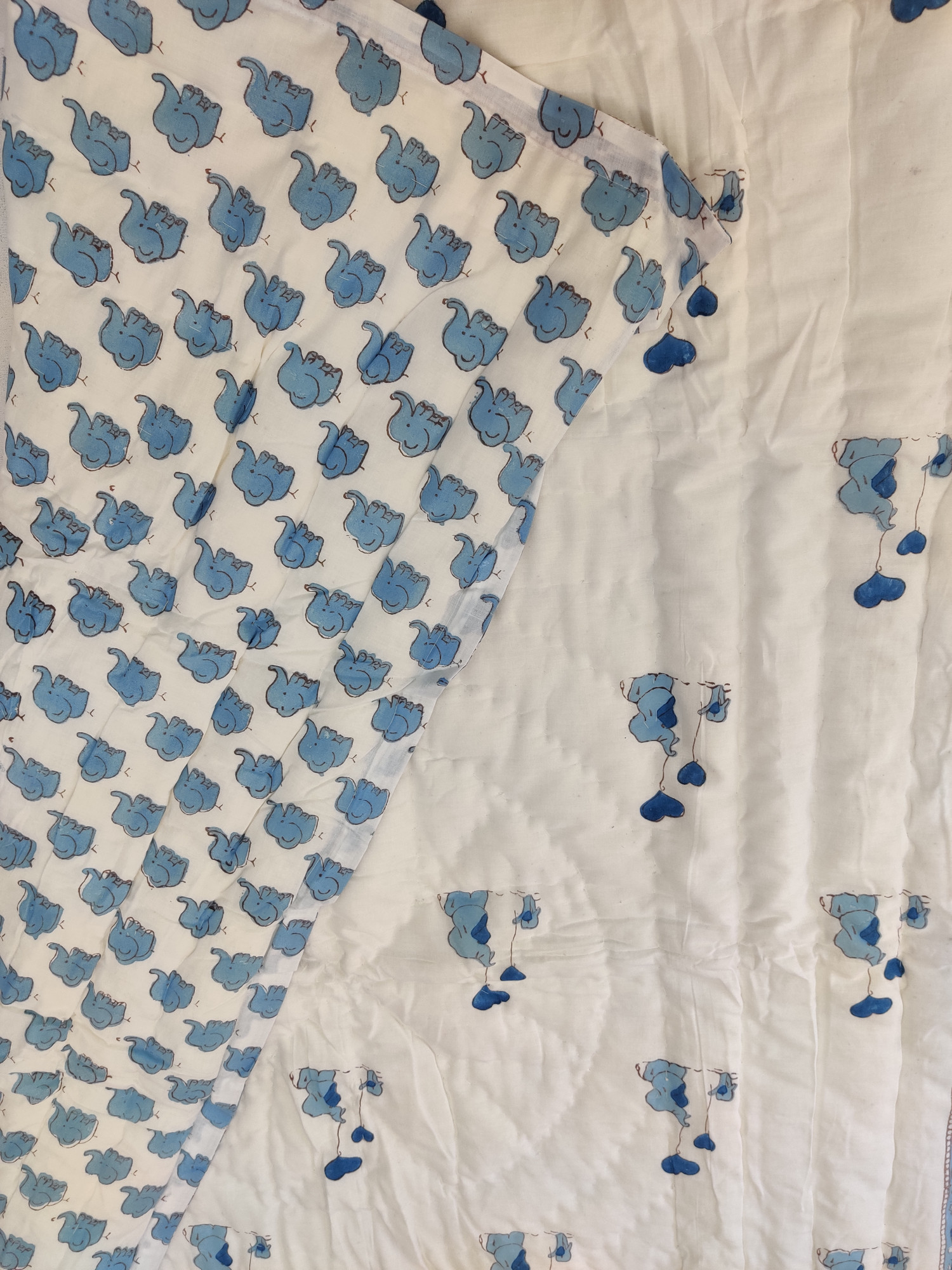 Hand Block Print Baby Quilt - Blue Elephant Baby Jaipuri Cotton Razai