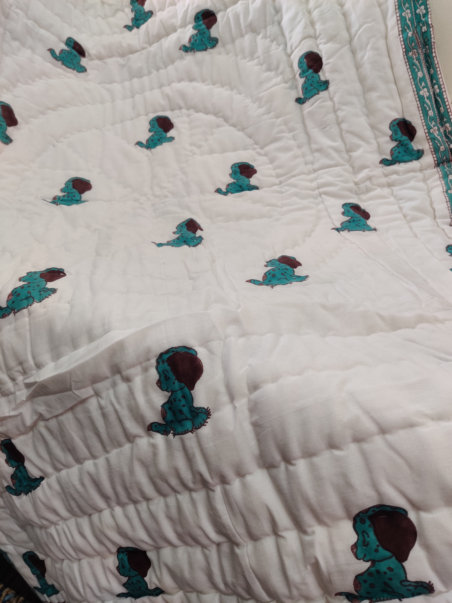 Hand Block Print Baby Quilt - Green Pup Baby Jaipuri Cotton Razai