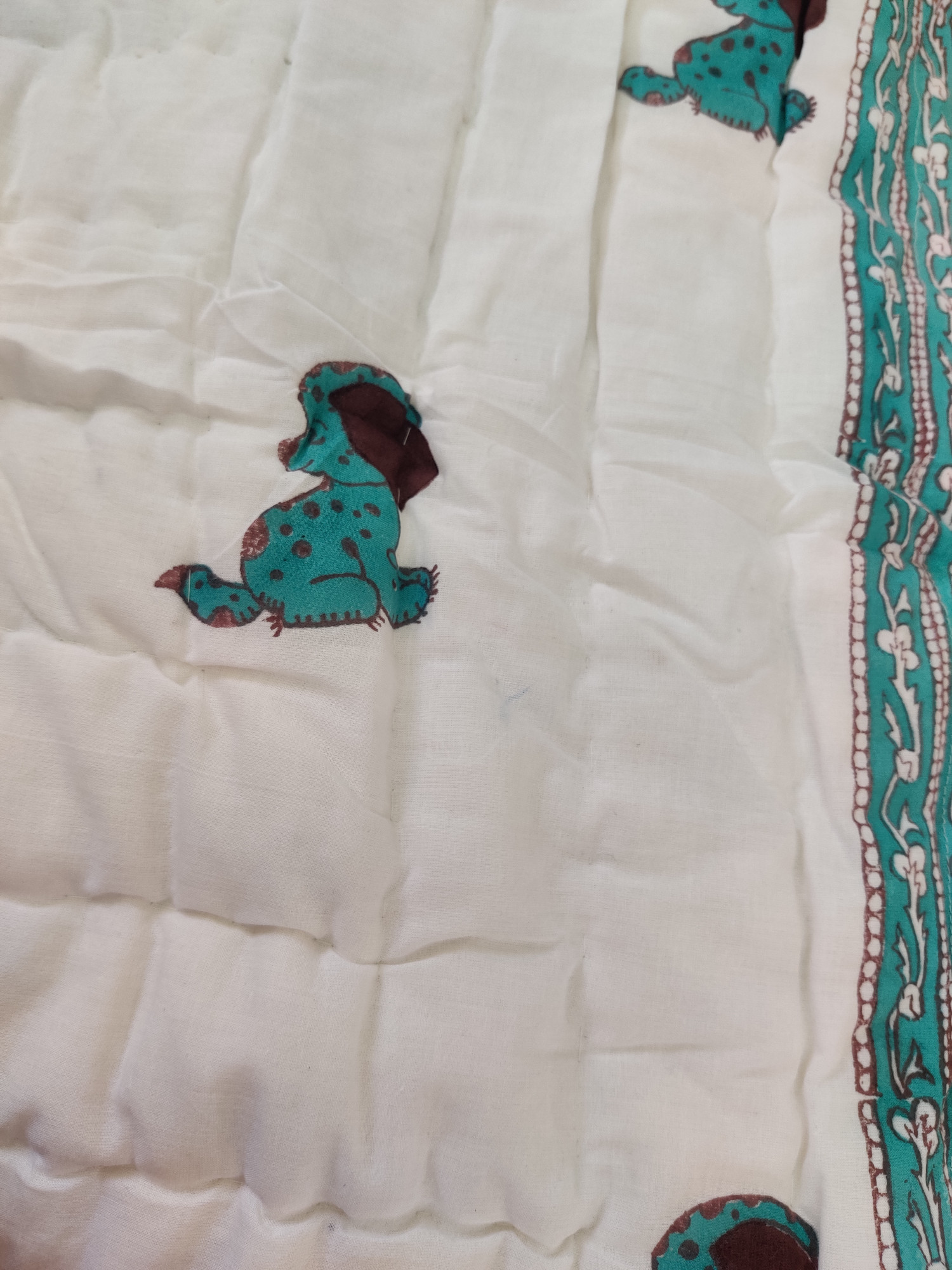 Hand Block Print Baby Quilt - Green Pup Baby Jaipuri Cotton Razai